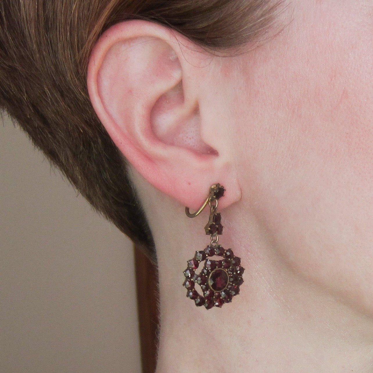 SOLD-Art Deco Bohemian Garnet Cluster Earrings Gilt Brass c. 1930