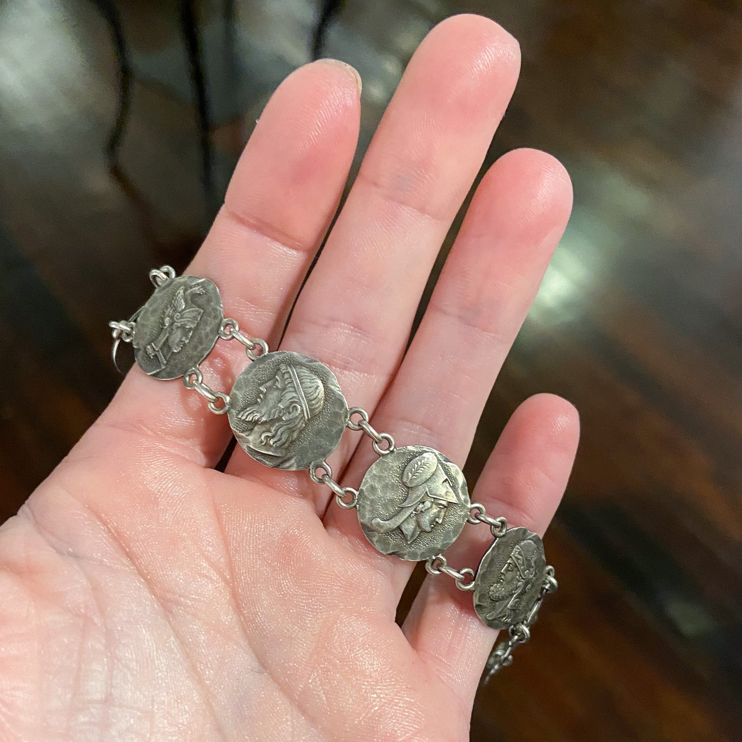 SOLD— Victorian Etruscan Revival Coin Bracelet Sterling c. 1884