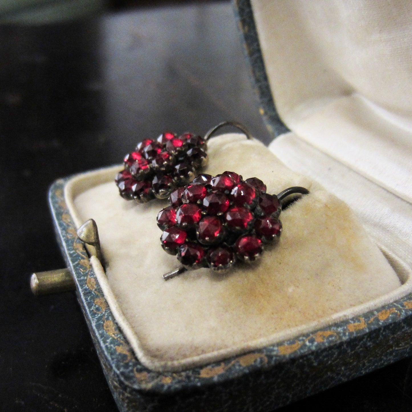 SOLD-Victorian Bohemian Garnet Cluster Earrings Silver c. 1890