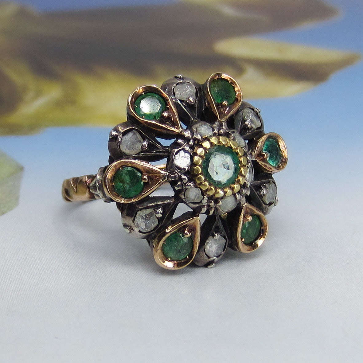 Mid-Century Renaissance Revival Emerald and Diamond Cluster Ring Silver/14k c. 1940