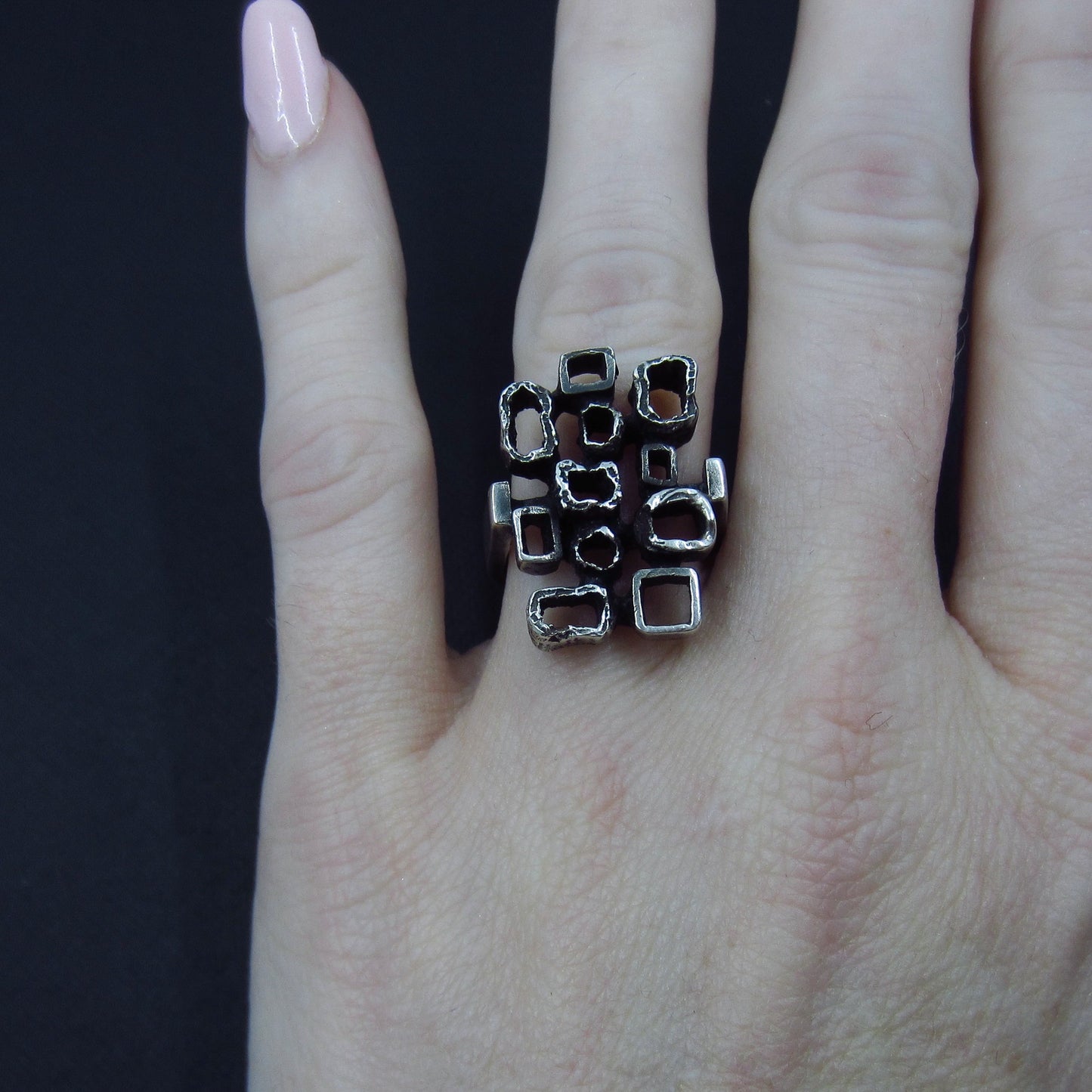 Mid-Century Brutalist Squares Ring 835 Silver c. 1960