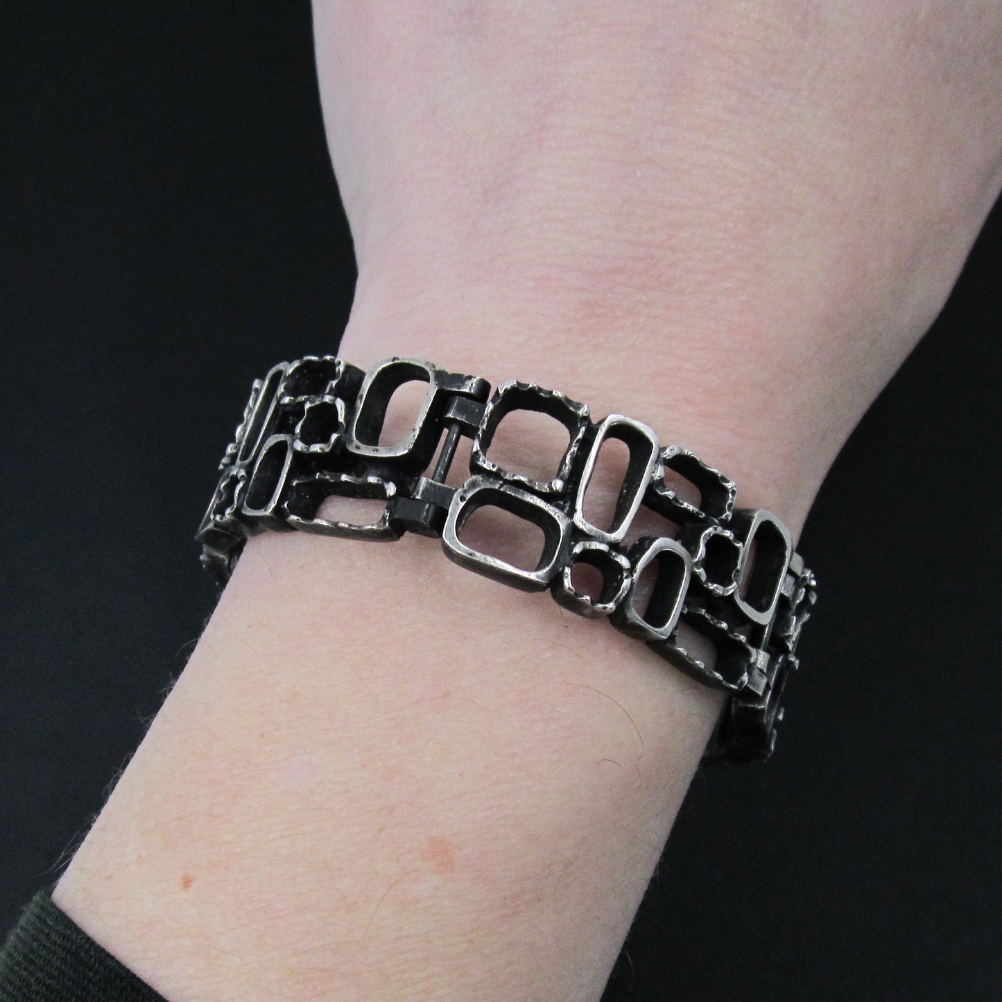 SOLD-Brutalist Textured Rectangles Bracelet 835 Silver c. 1960