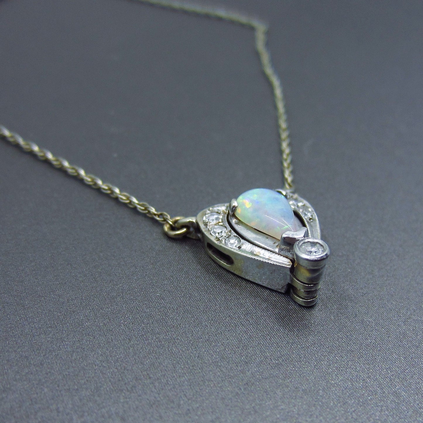 SOLD--MidCentury Opal and Diamond Convertible Necklace 14k c. 1950