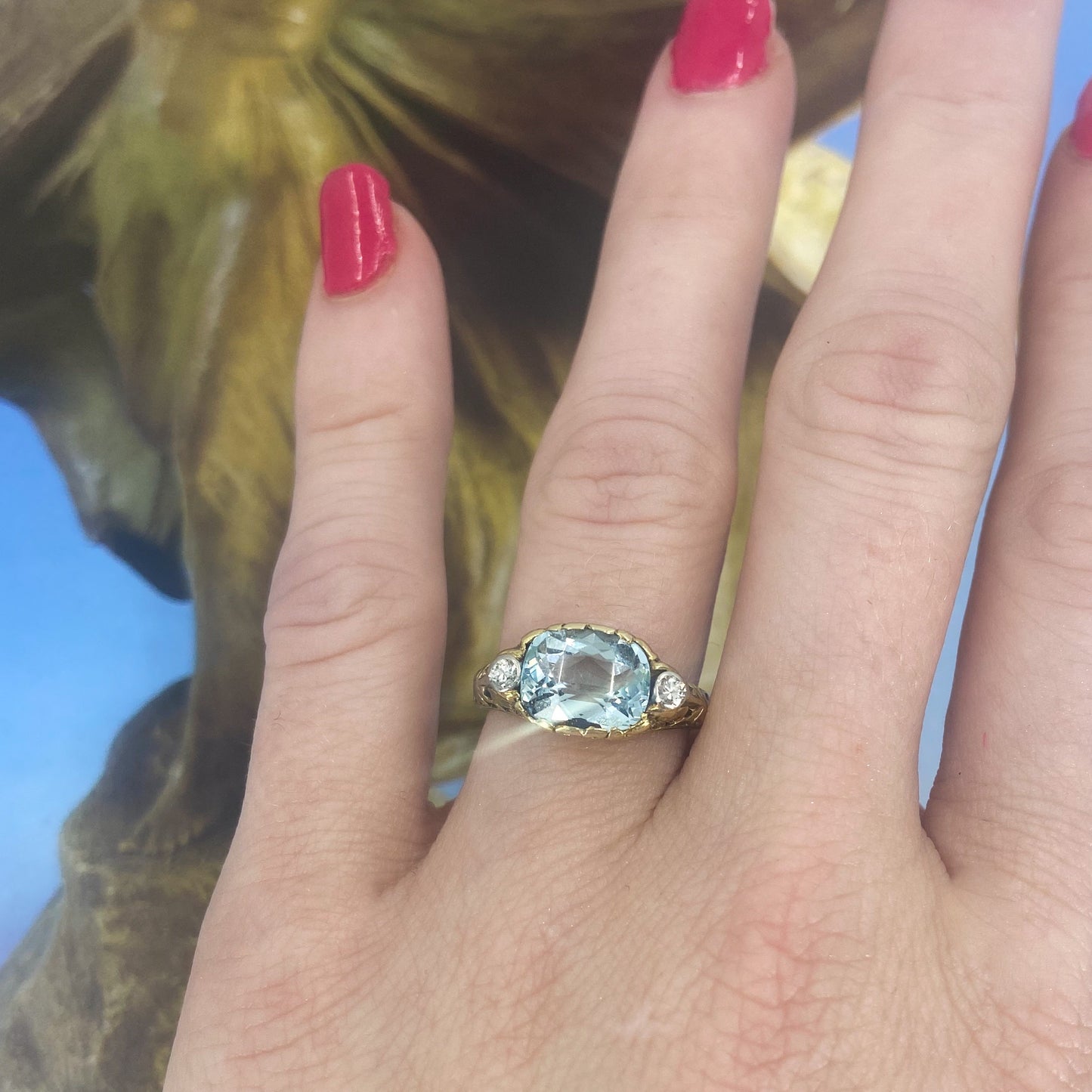 SOLD--Arts & Crafts Aquamarine and Diamond Flower Ring 14k c. 1920