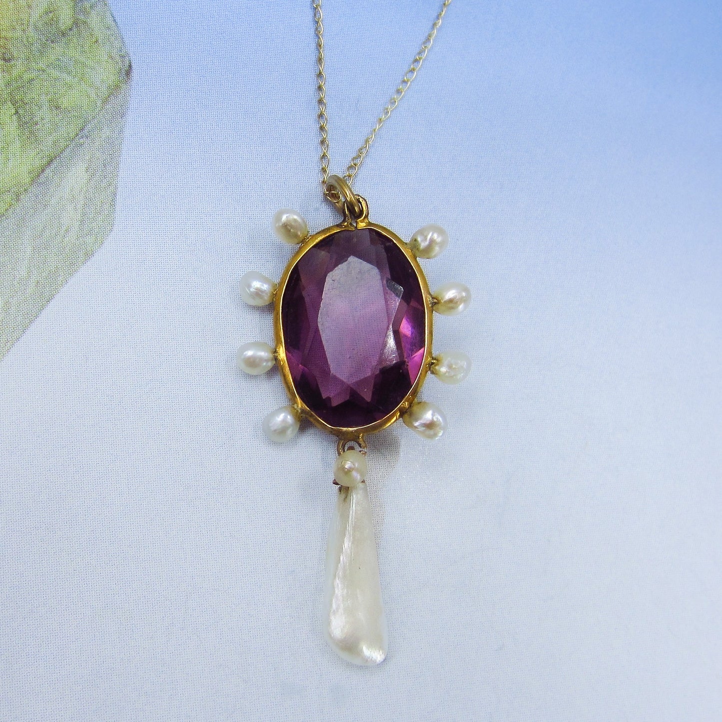 SOLD-Edwardian Amethyst and Pearl Pendant 14k c. 1900