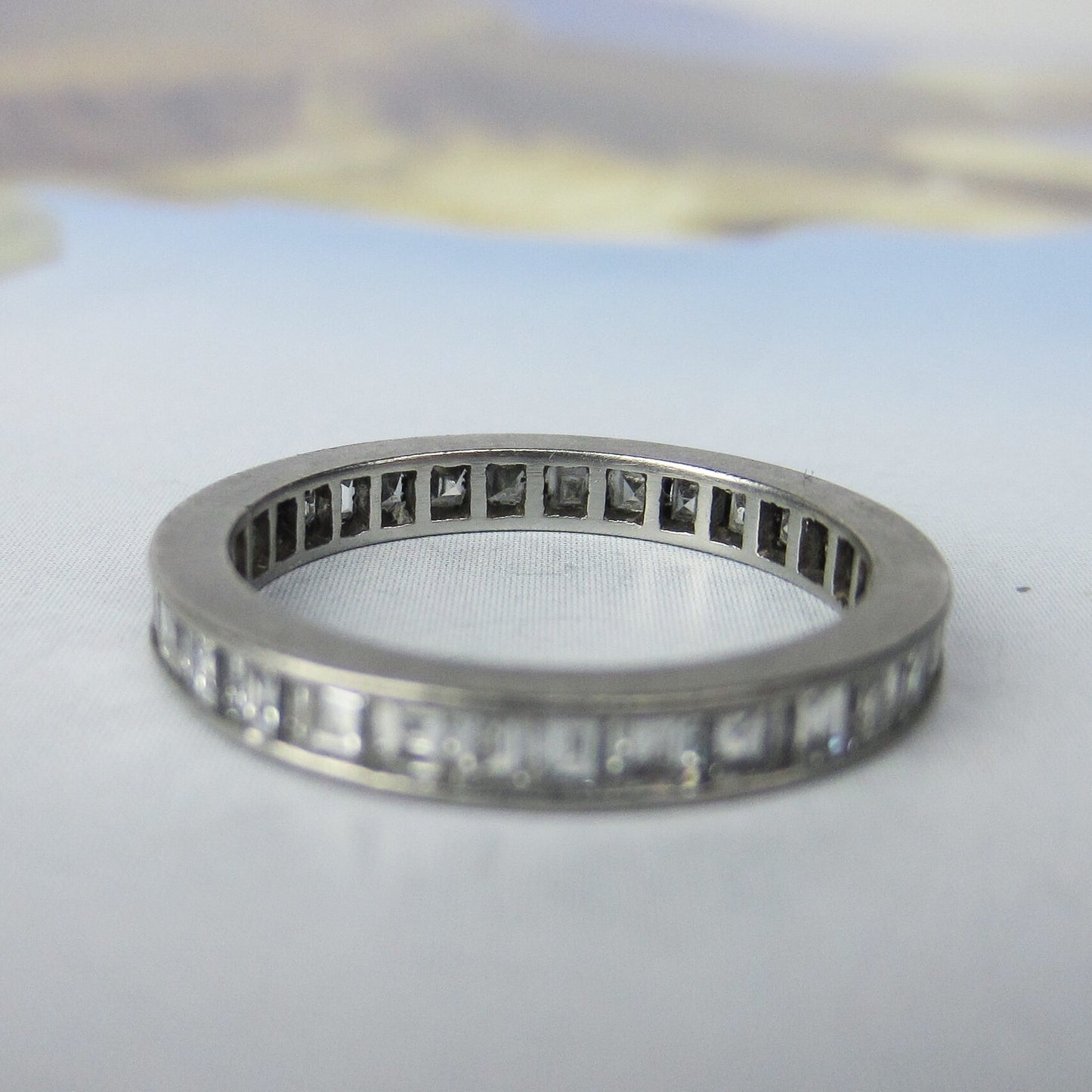 SOLD-Square Carre Cut Diamond Eternity Band Platinum, Size 6 c. 1940