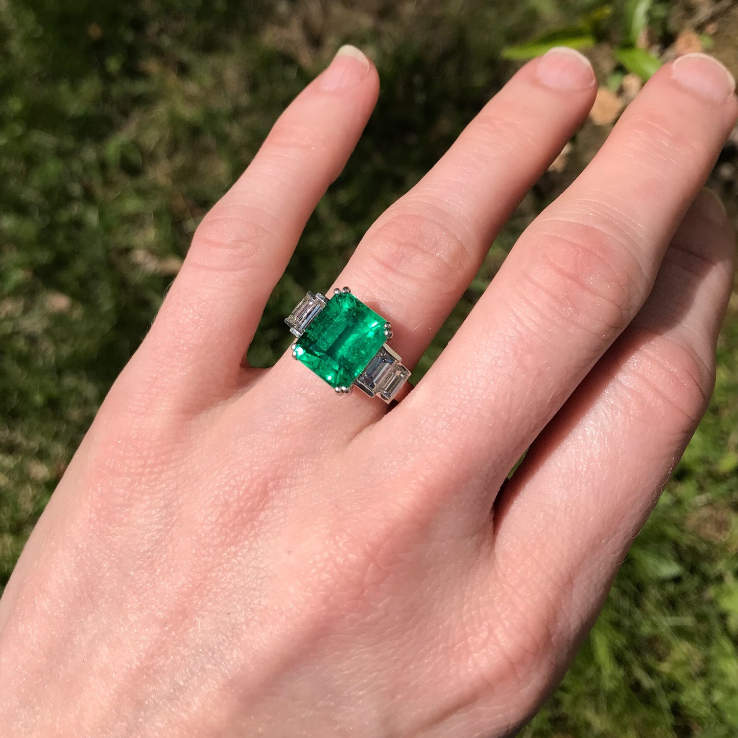 SOLD-GORGEOUS Vintage Emerald 4.57ct and Baguette Diamond Ring Platinum