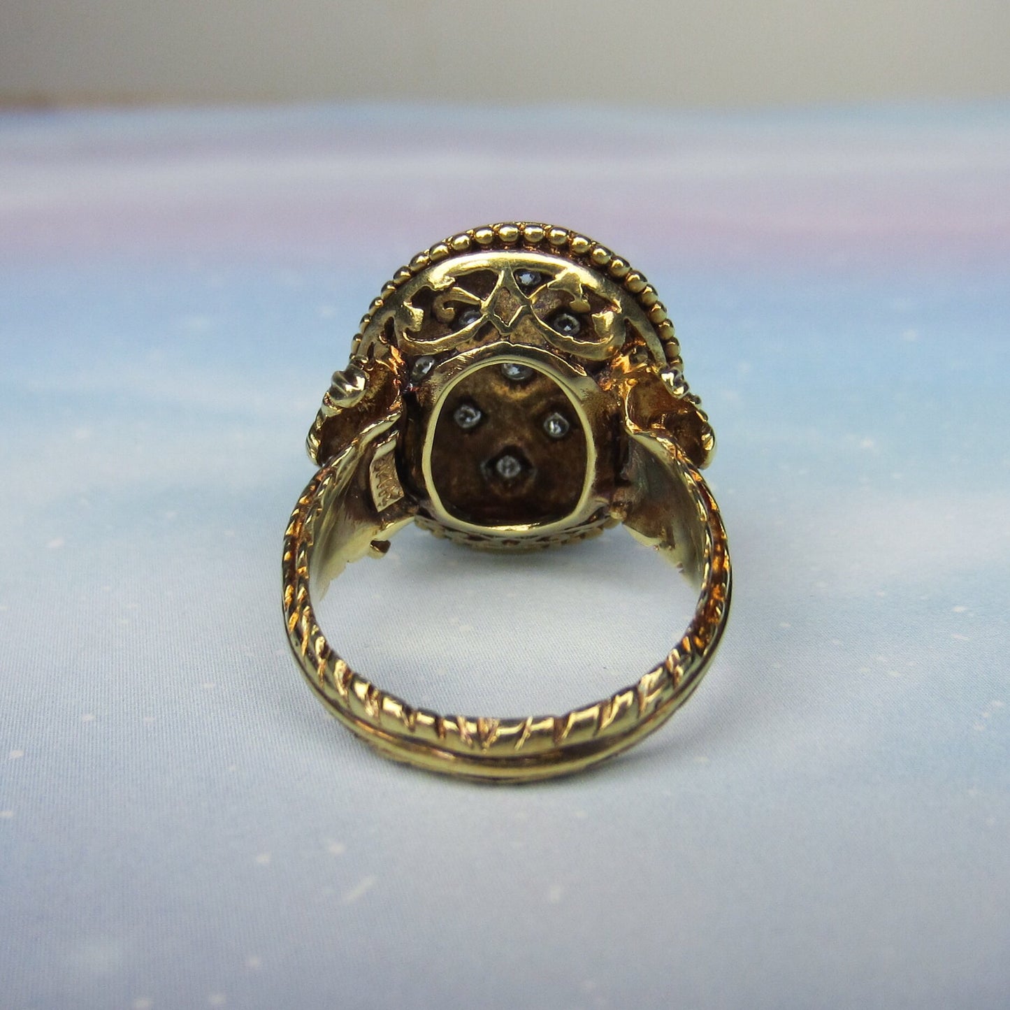 SOLD--Fantastic 1940's Victorian Revival Diamond Enamel Ring 14k