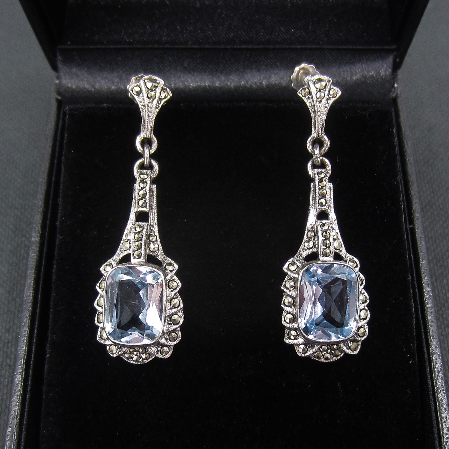 SOLD--Art Deco Marcasite and Synthetic Blue Spinel Drop Earrings Sterling c. 1930