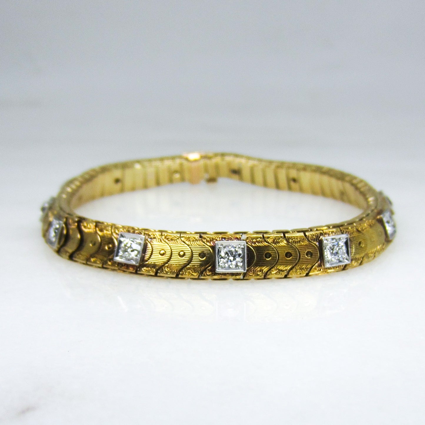 SOLD-Art Deco Slinky Old European Diamond Line Bracelet 14k, Sloan & Co c. 1940