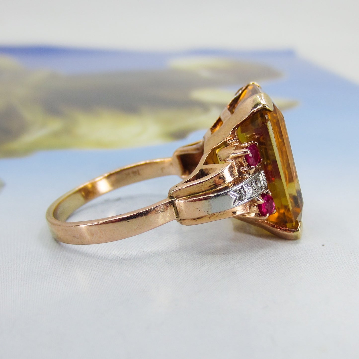 SOLD-Retro Citrine, Ruby and Diamond Cocktail Ring 14k c. 1940