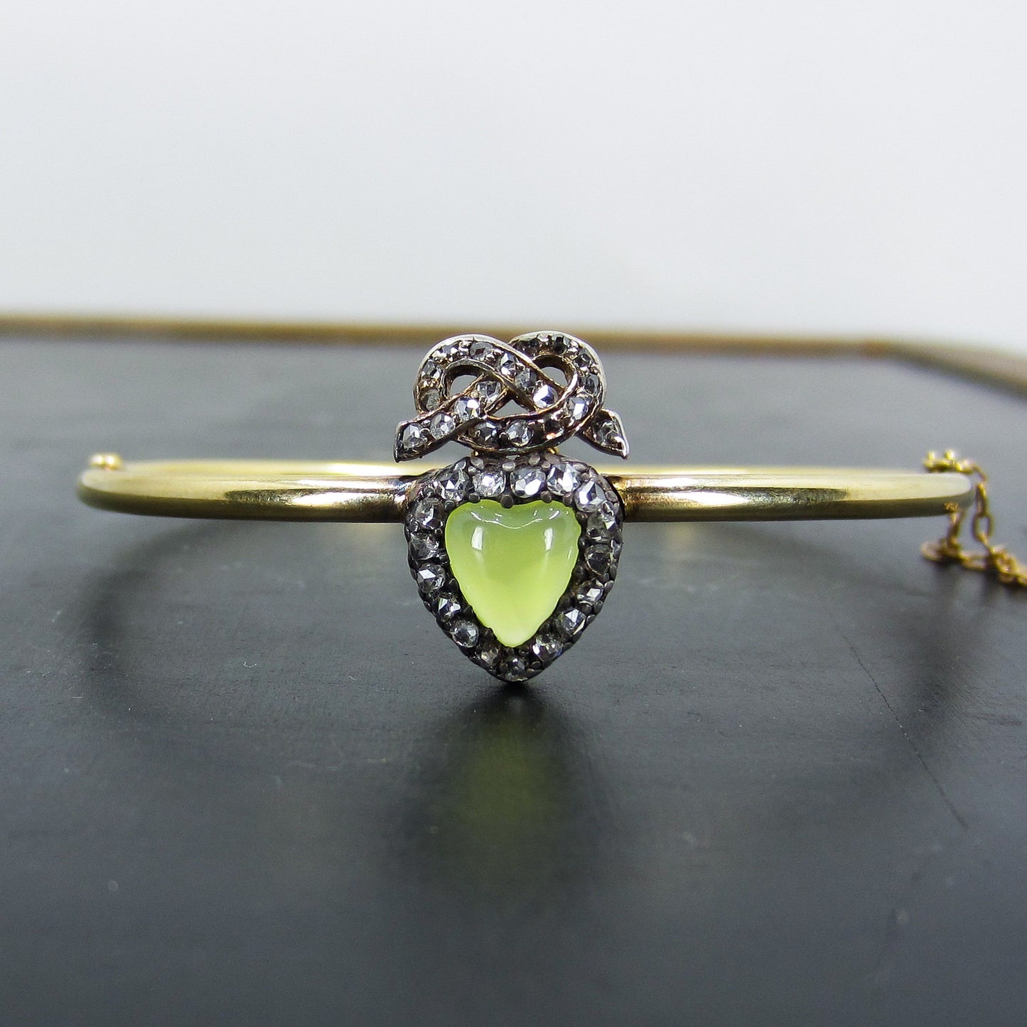 SOLD--Victorian Chrysoprase and Rose Cut Diamond Heart with Love Knot Bracelet Silver/14k c. 1890