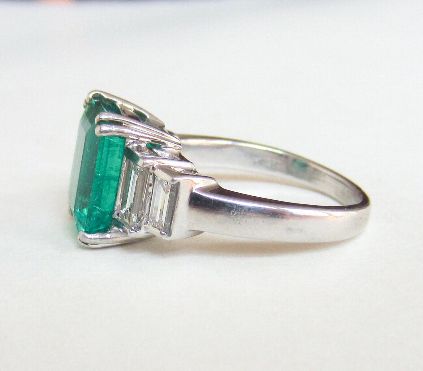 SOLD-GORGEOUS Vintage Emerald 4.57ct and Baguette Diamond Ring Platinum