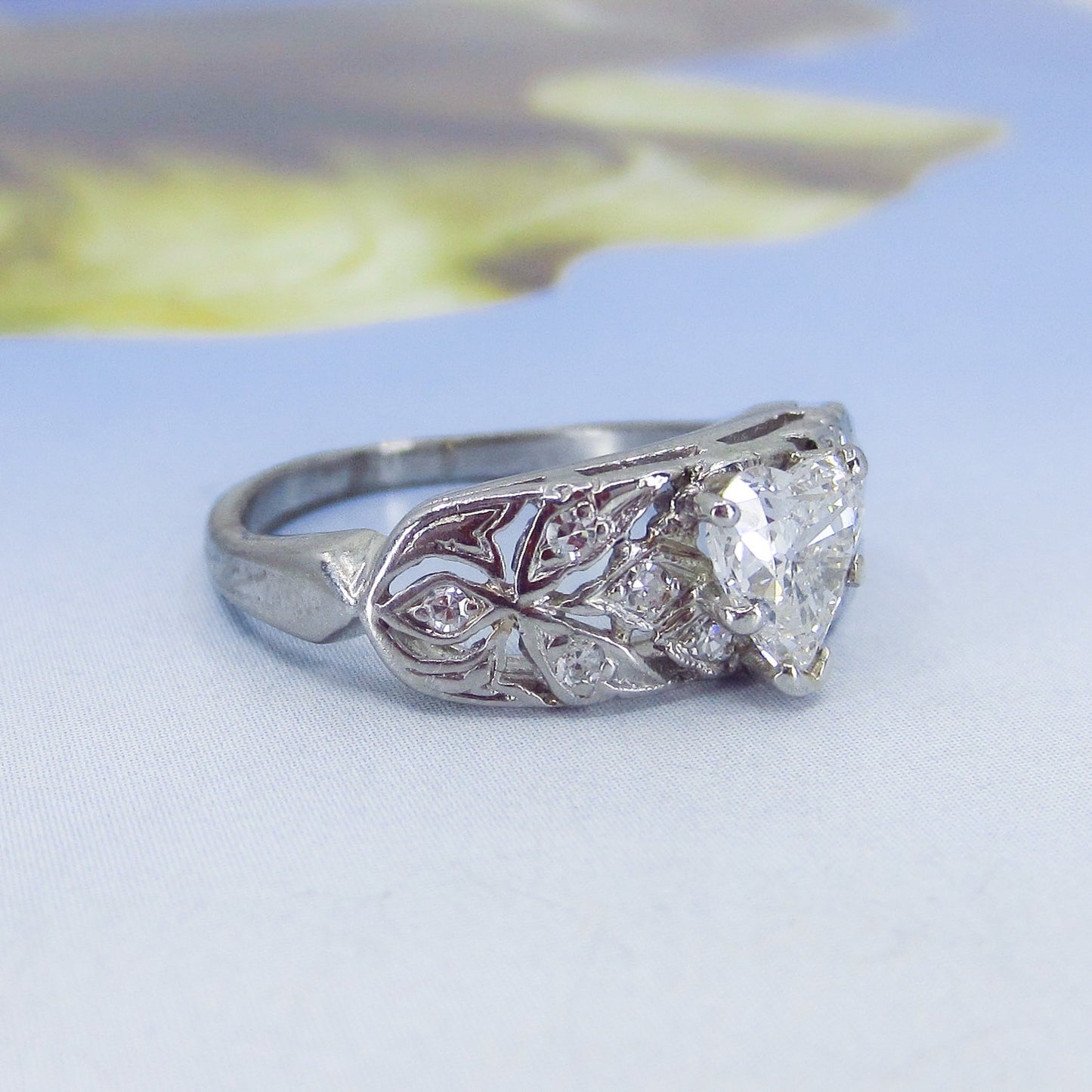 SOLD- Art Deco Heart Cut Diamond Engagement Ring Platinum c. 1940