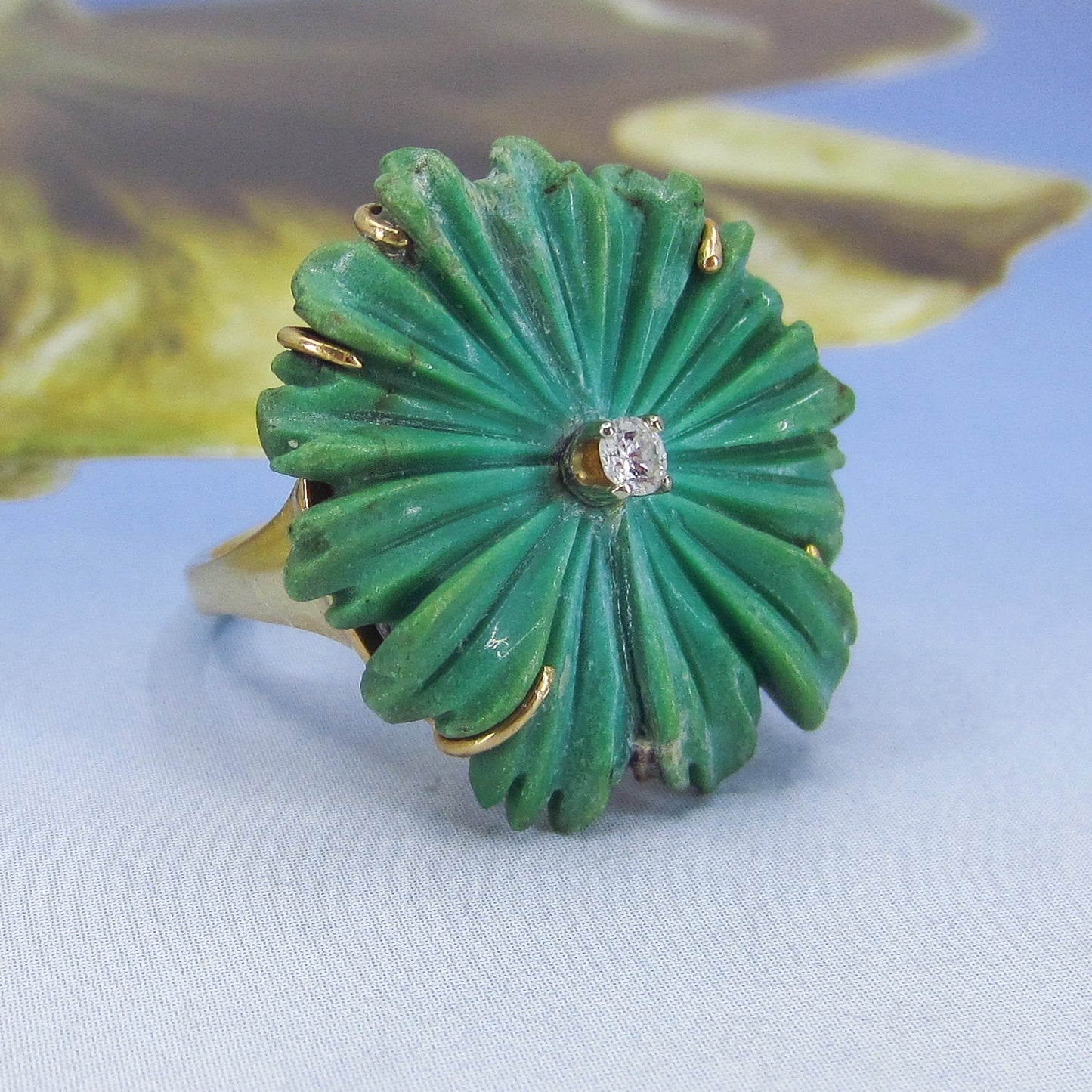 SOLD - Mid-Century Diamond and Carved Aventurine Ring 14k c. 1960