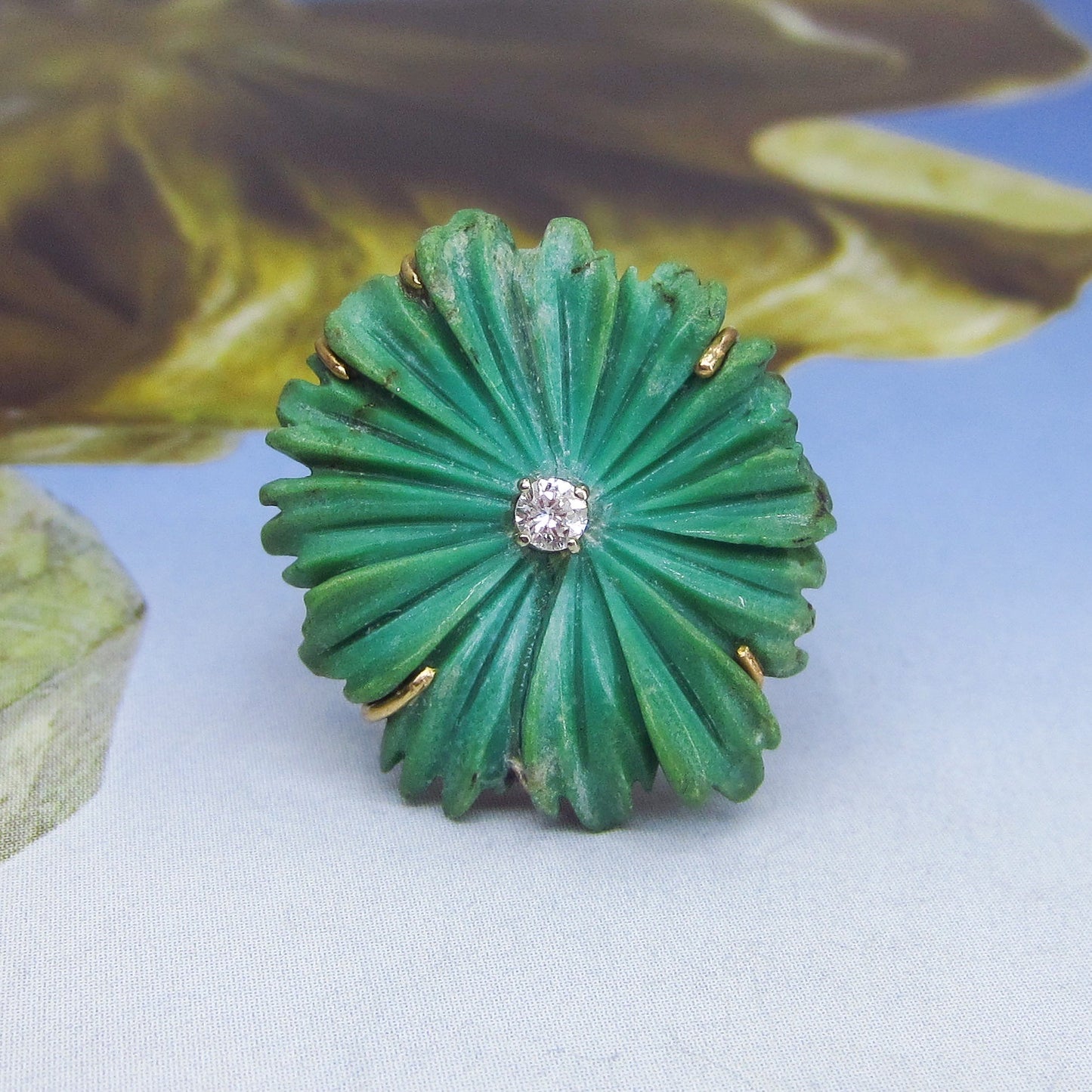 SOLD - Mid-Century Diamond and Carved Aventurine Ring 14k c. 1960