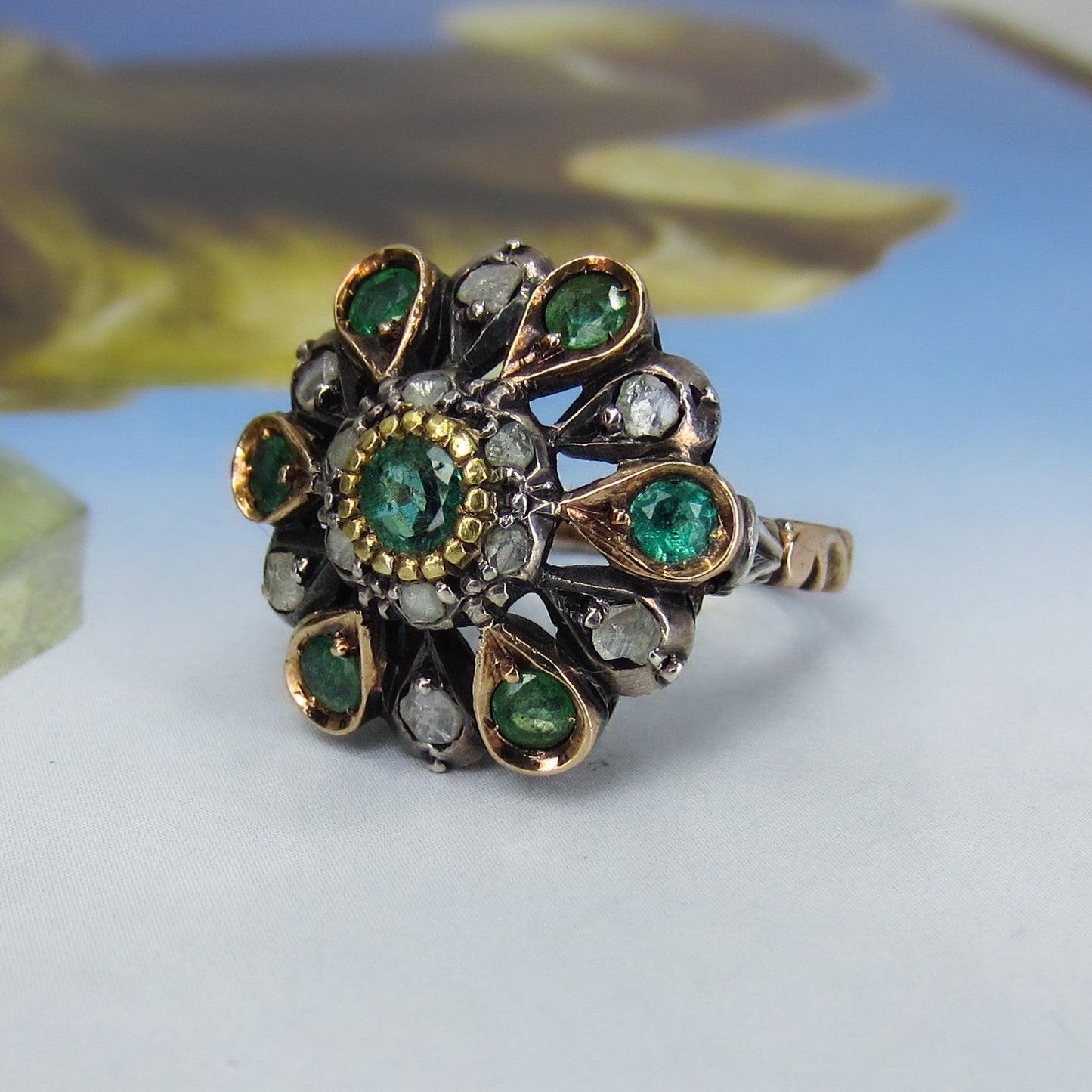 Mid-Century Renaissance Revival Emerald and Diamond Cluster Ring Silver/14k c. 1940