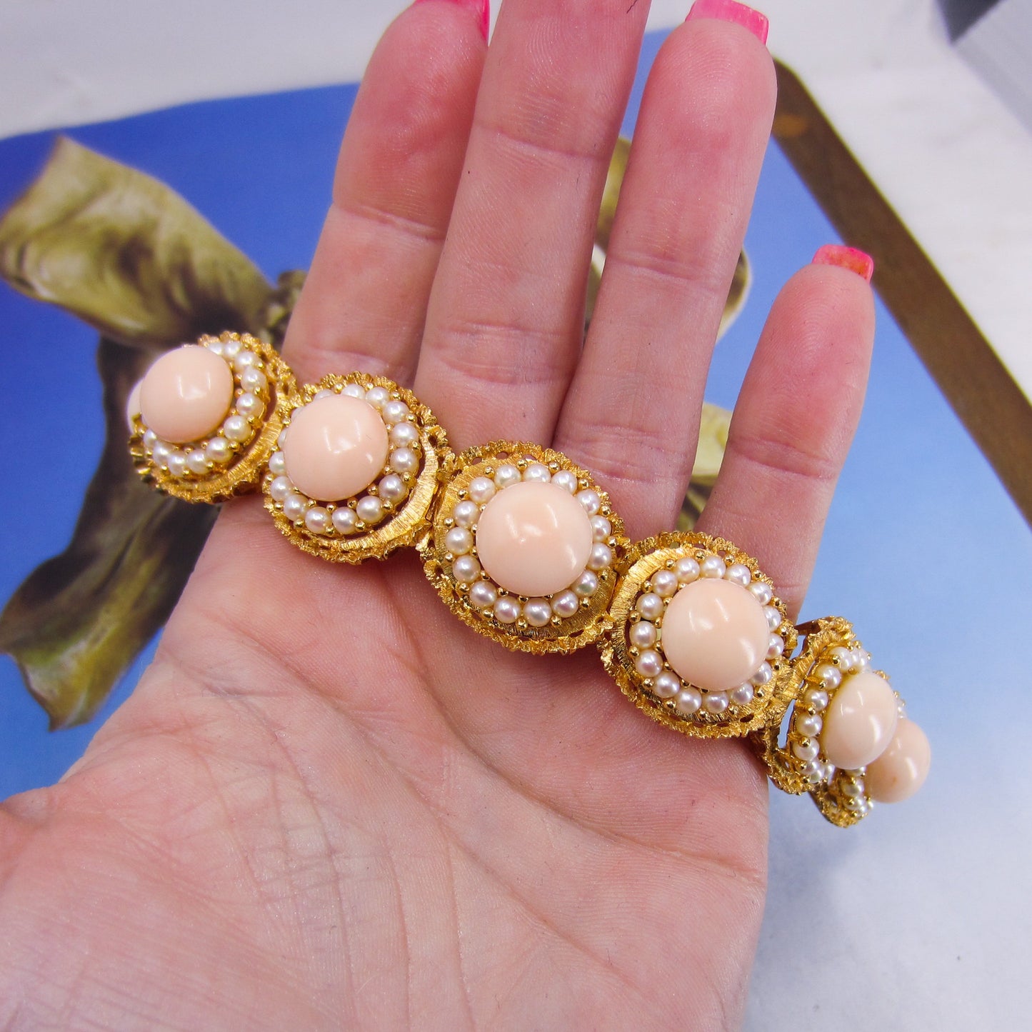 Gorgeous Mid-Century Angel Skin Coral and Pearl Bracelet 18k c. 1960