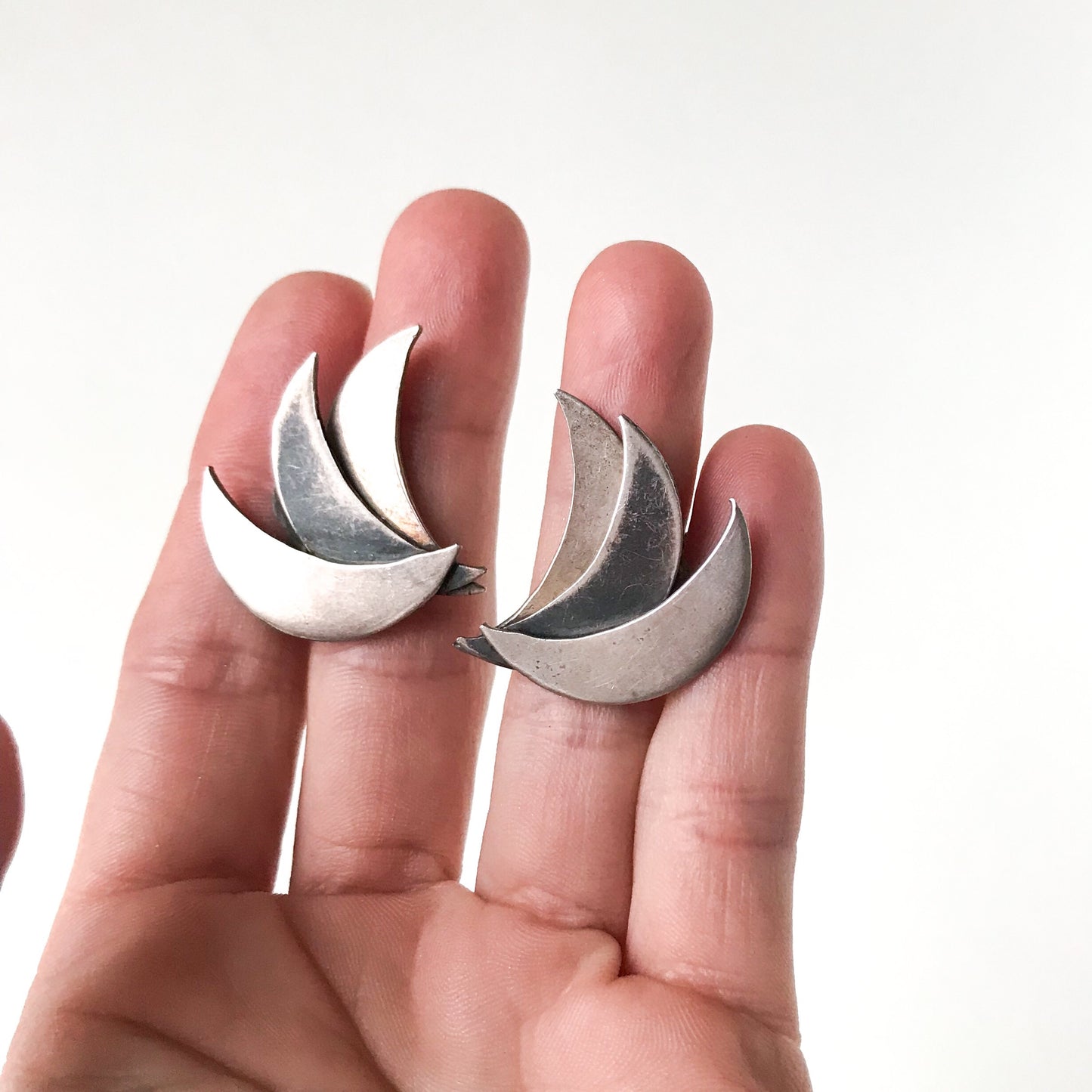 Mid-Century Modernist Crescent Earrings Sterling, Mexico c. 1950