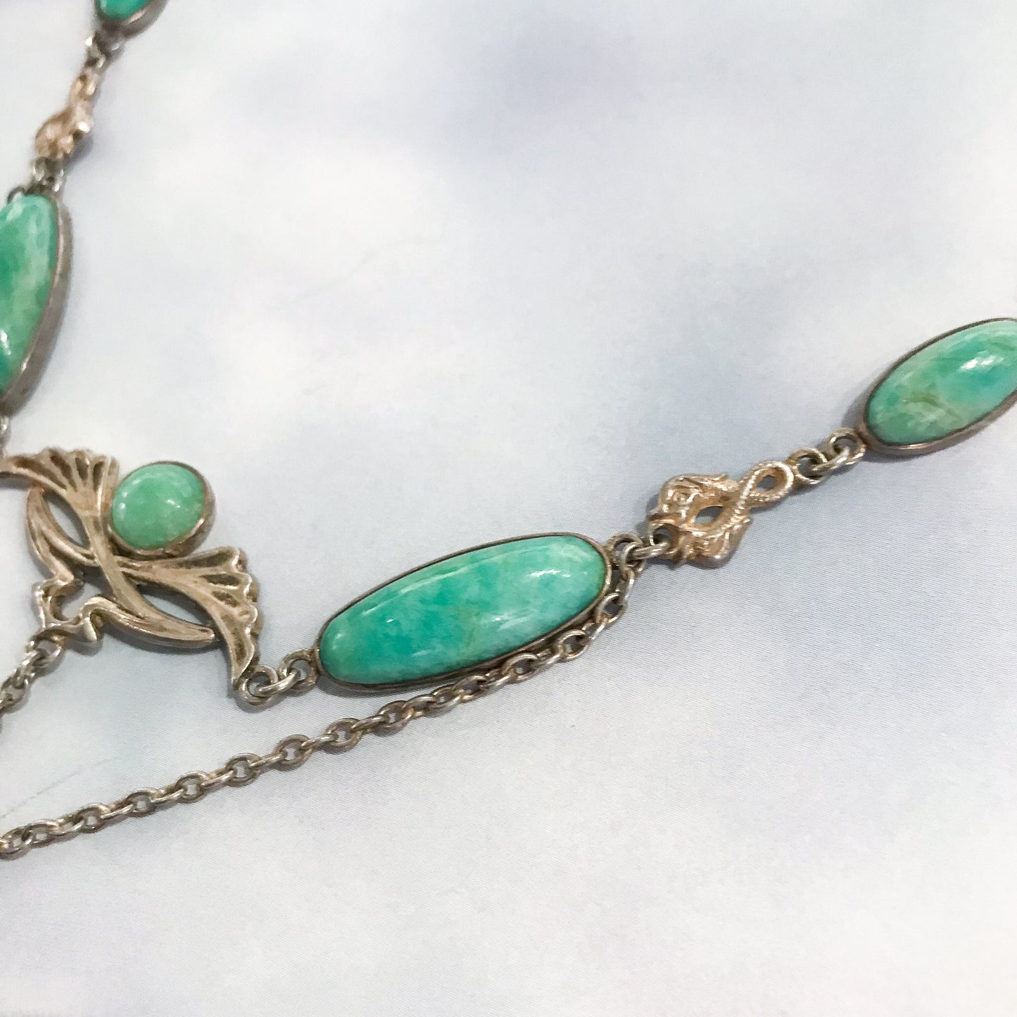 SOLD--Art Nouveau Green Quartz Drop Necklace Sterling c. 1900