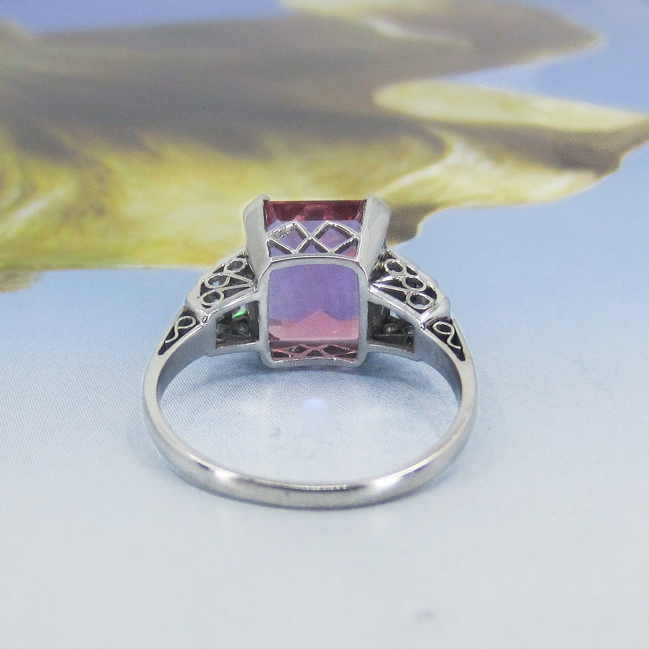 Vintage Pink Tourmaline and Baguette Diamond Ring Platinum c. 1980