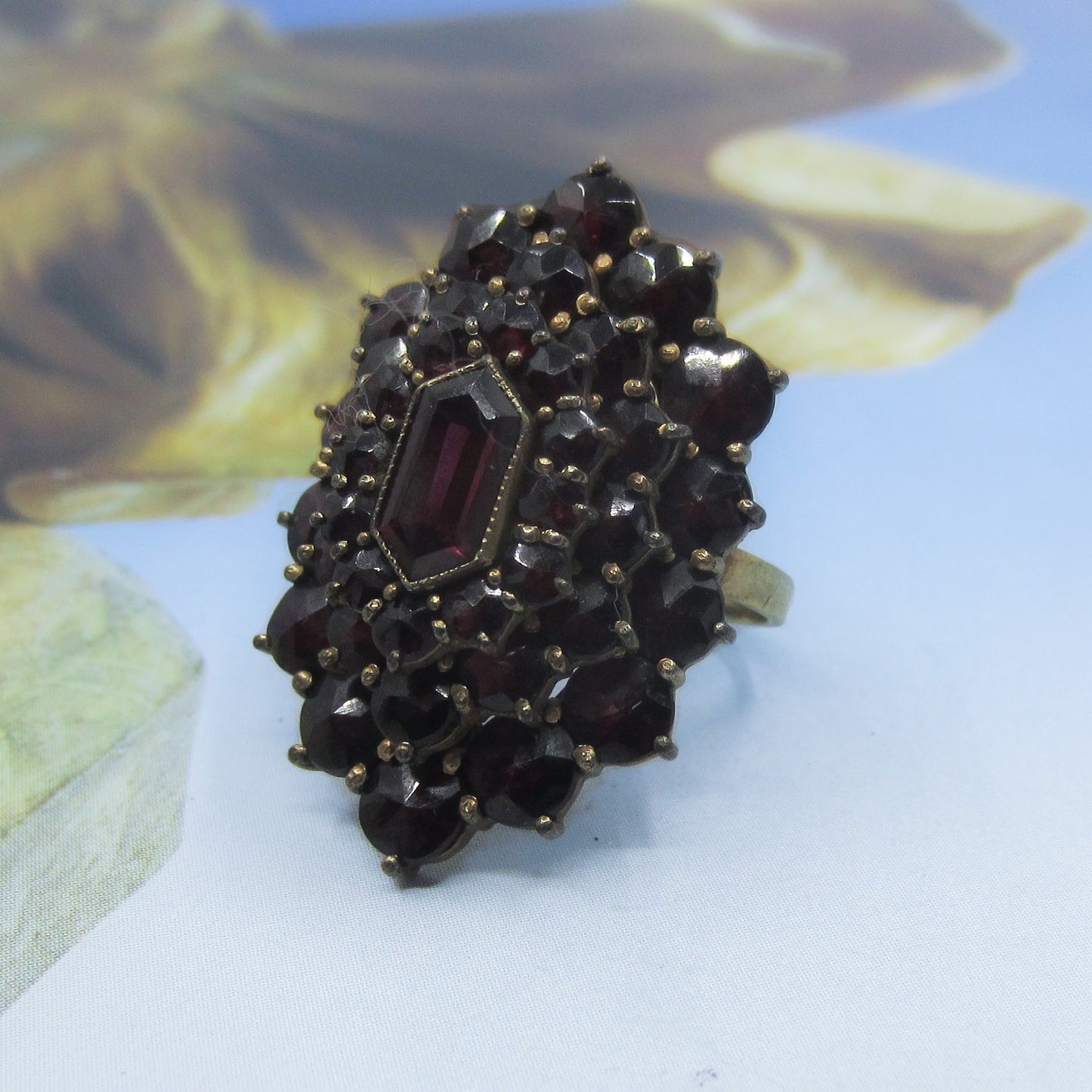 SOLD--Art Deco Huge Bohemian Garnet Cluster Ring Brass/14k c. 1930