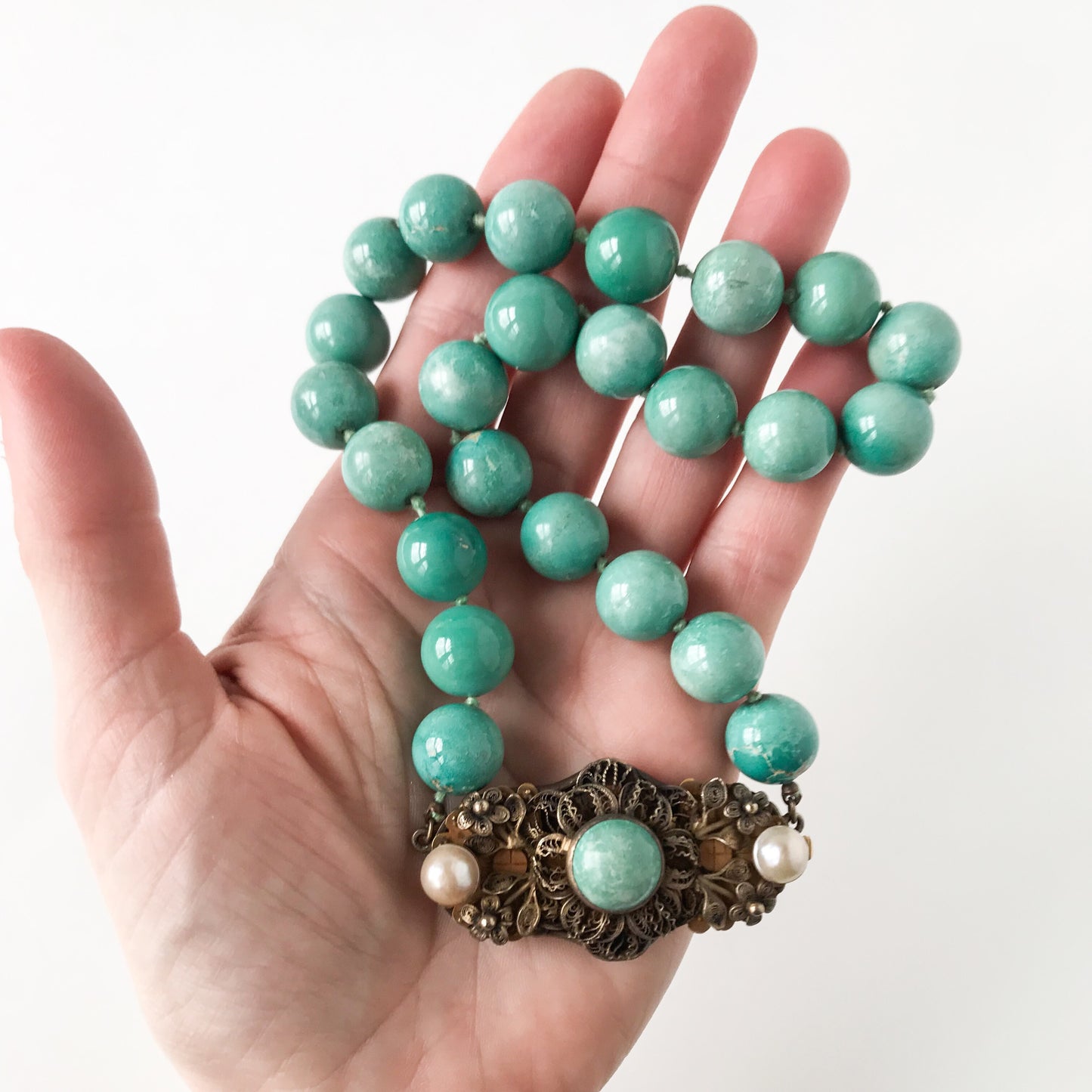 SOLD-Art Deco Turquoise Bead Necklace Gilt Silver c. 1930