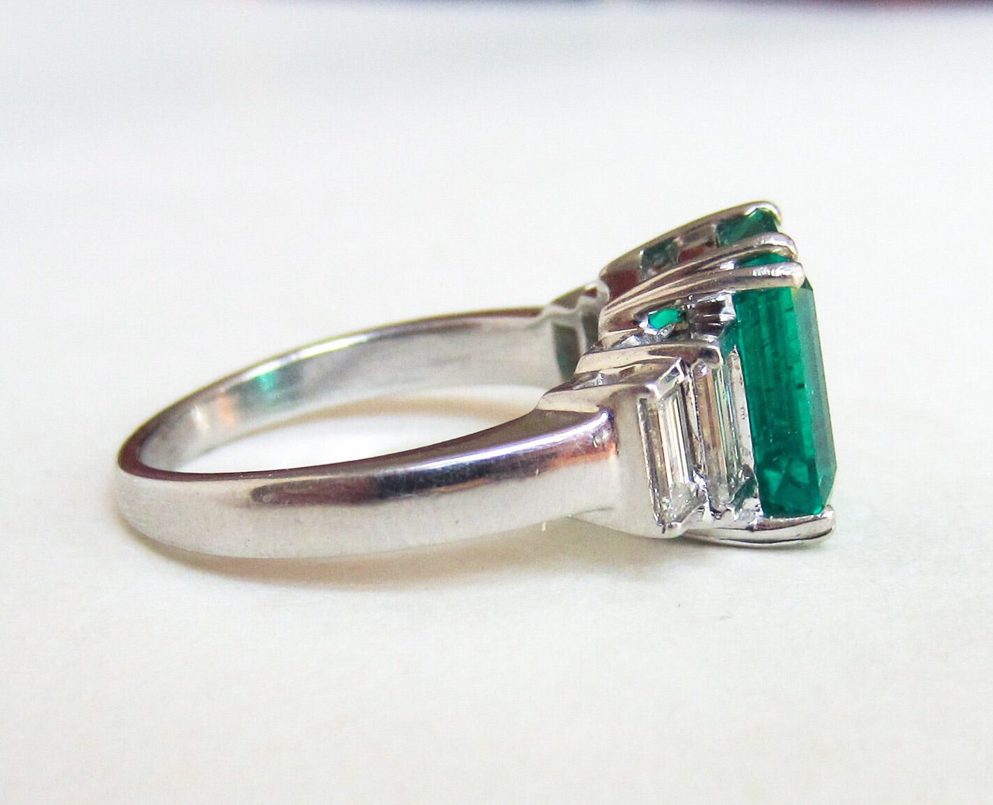 SOLD-GORGEOUS Vintage Emerald 4.57ct and Baguette Diamond Ring Platinum