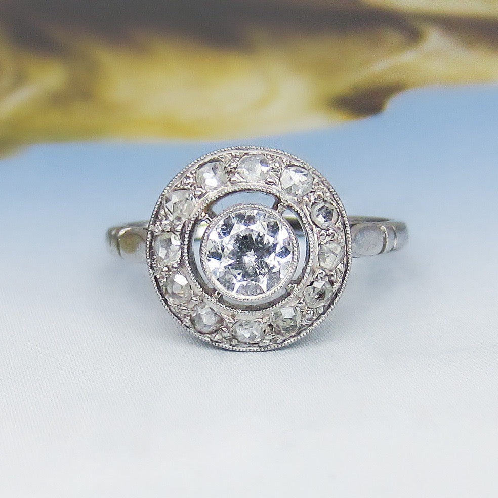 SOLD--Art Deco French Old European and Rose Cut Diamond Ring 18k c. 1930