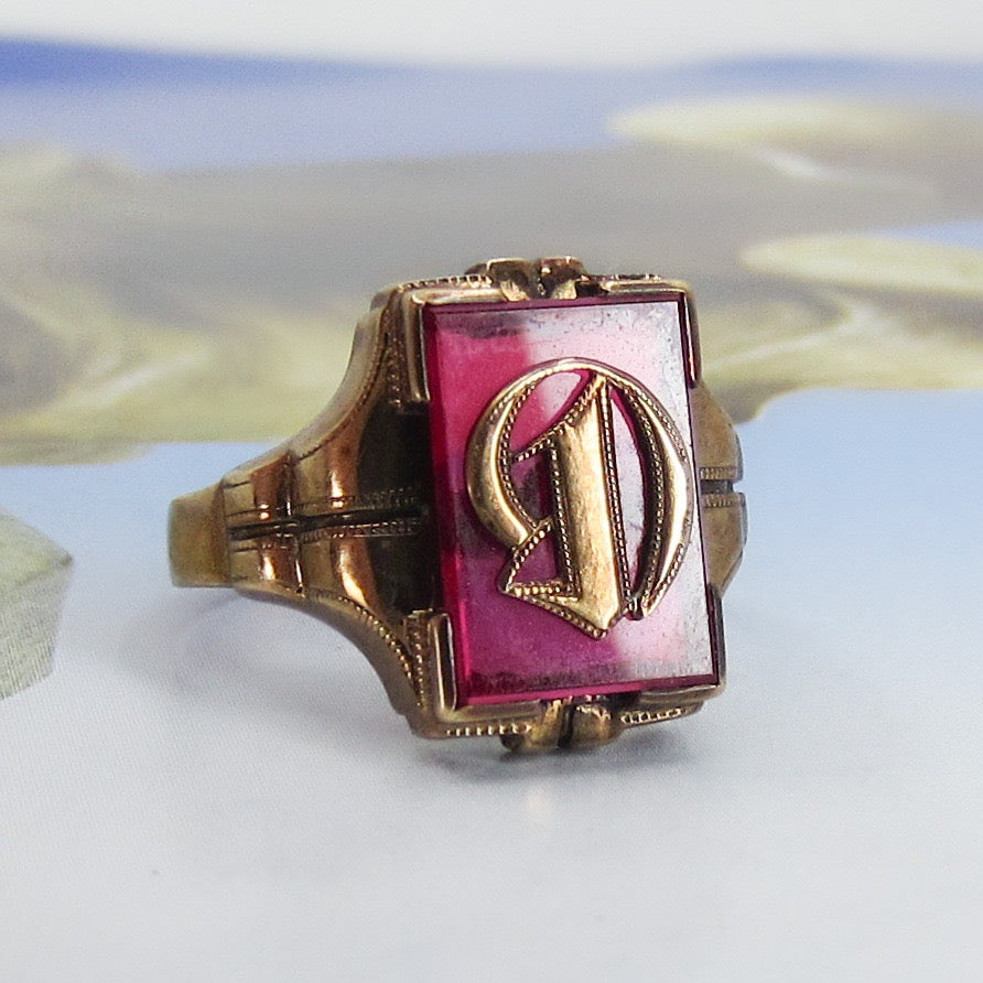 SOLD--Art Déco Synthetic Ruby “D” Initial Signet Ring 10k c. 1920