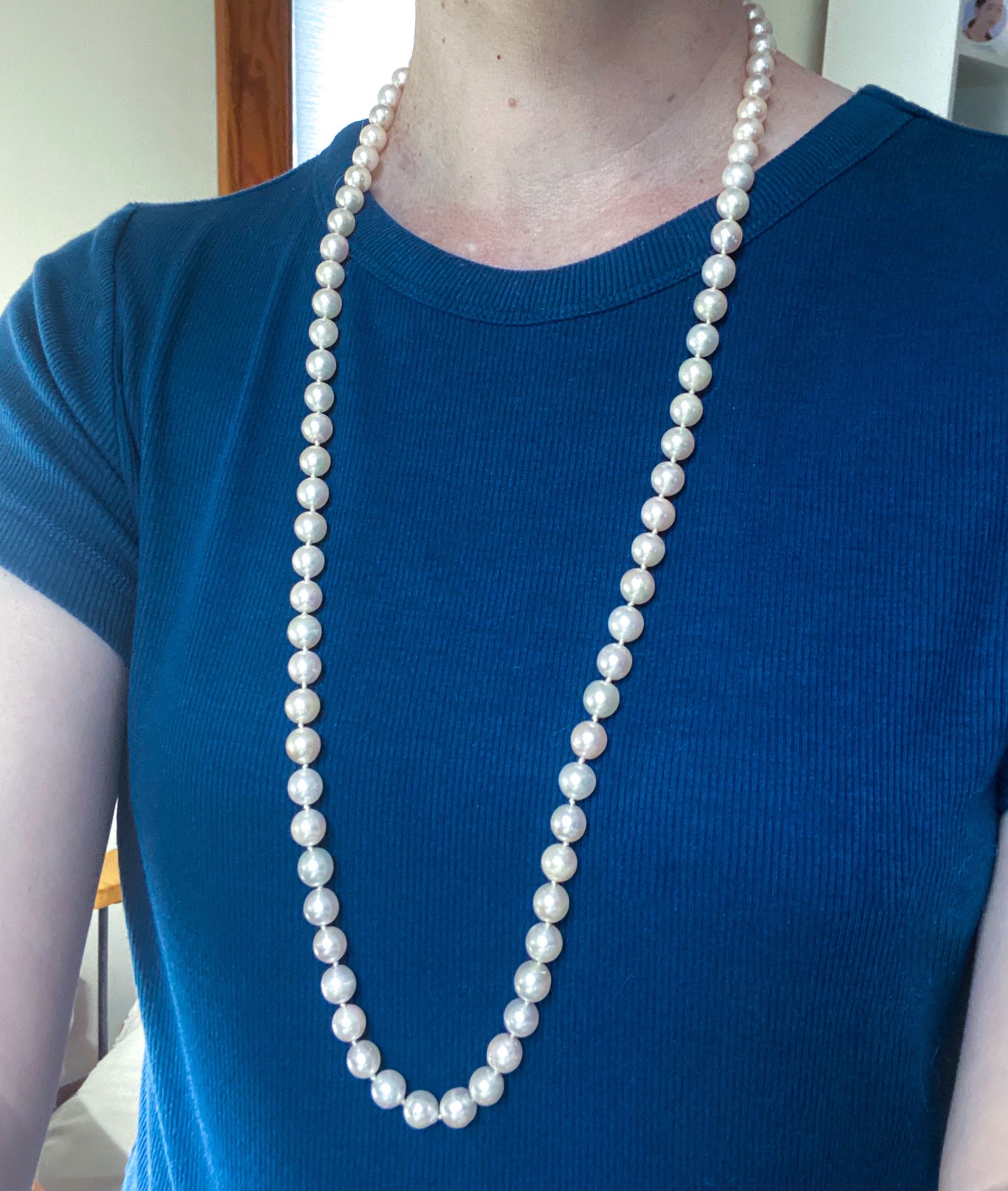 Mid-Century 32” 8.7mm Cultured Pearl Necklace w/Diamond Clasp c. 1960