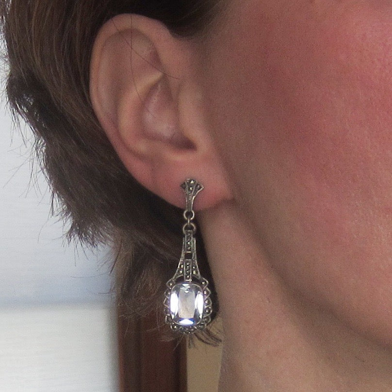 SOLD--Art Deco Marcasite and Synthetic Blue Spinel Drop Earrings Sterling c. 1930