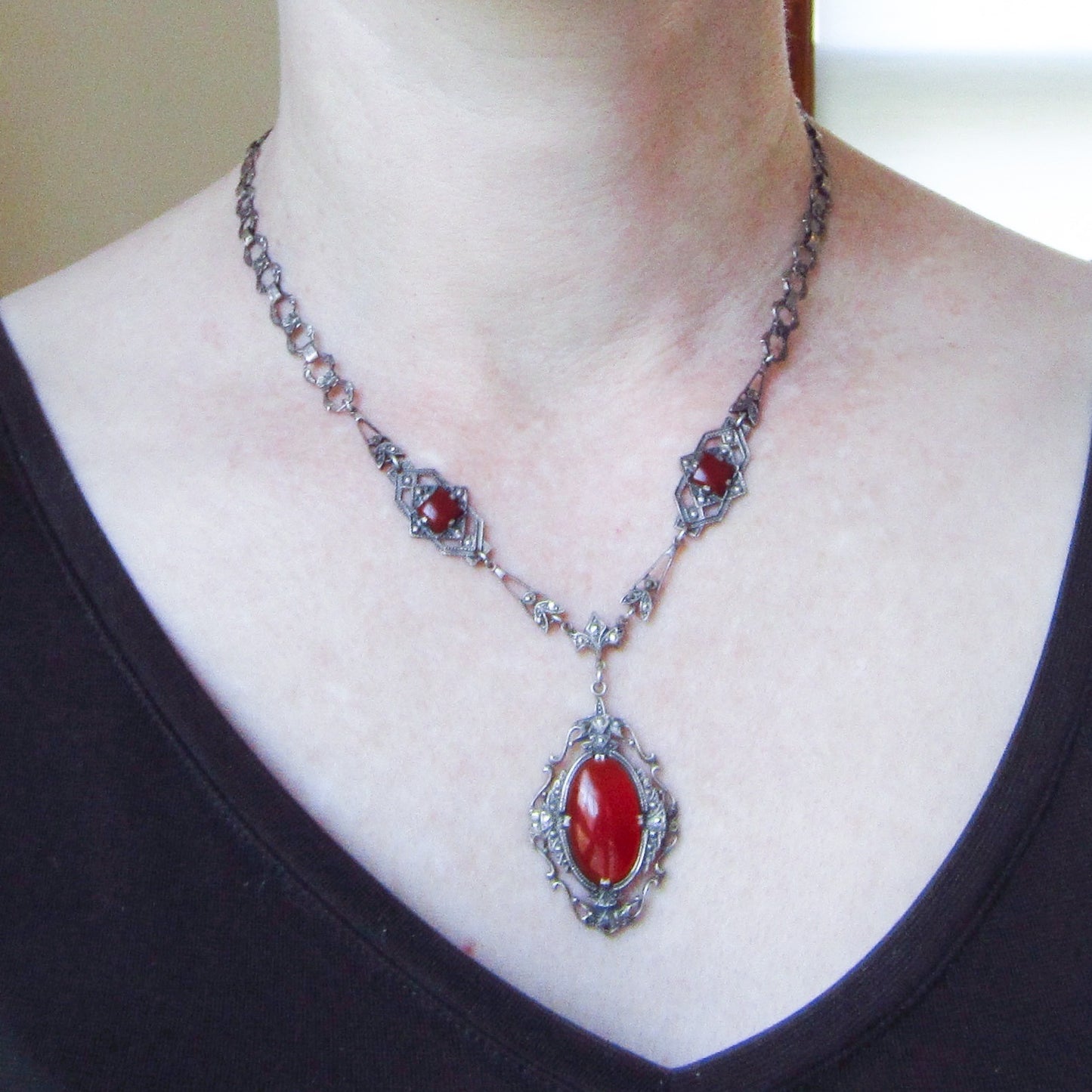 SOLD--Art Deco Carnelian and Marcasite Necklace Sterling c. 1930