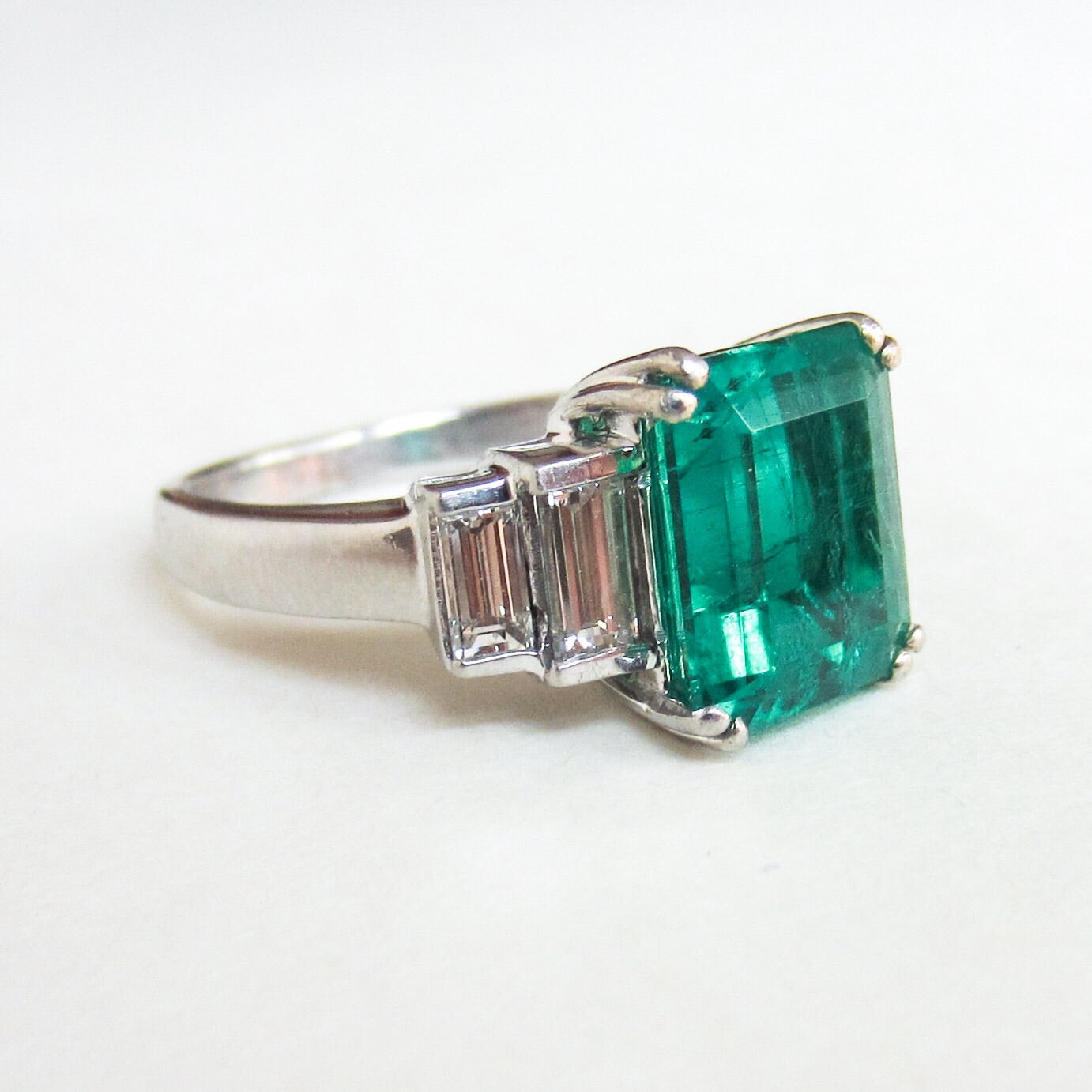 SOLD-GORGEOUS Vintage Emerald 4.57ct and Baguette Diamond Ring Platinum
