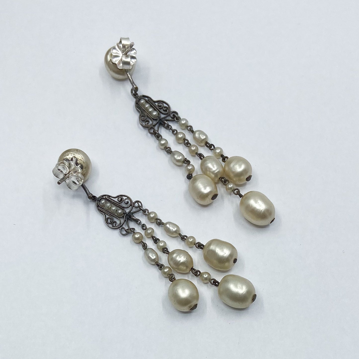 SOLD--Art Deco Long Faux Pearl Chandelier Earring Brass/Sterling c. 1930