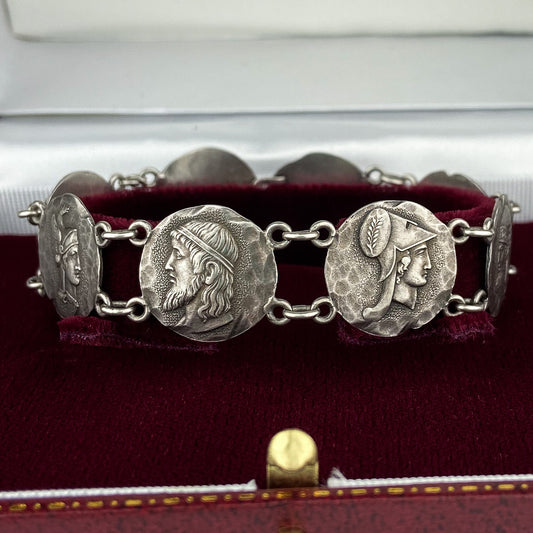 SOLD— Victorian Etruscan Revival Coin Bracelet Sterling c. 1884