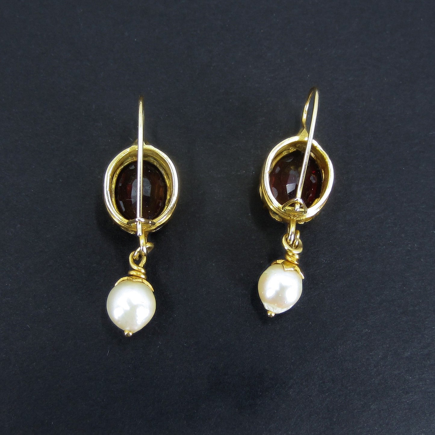 SOLD-Mid-Century Garnet and Pearl Drop Earrings 14k c. 1960