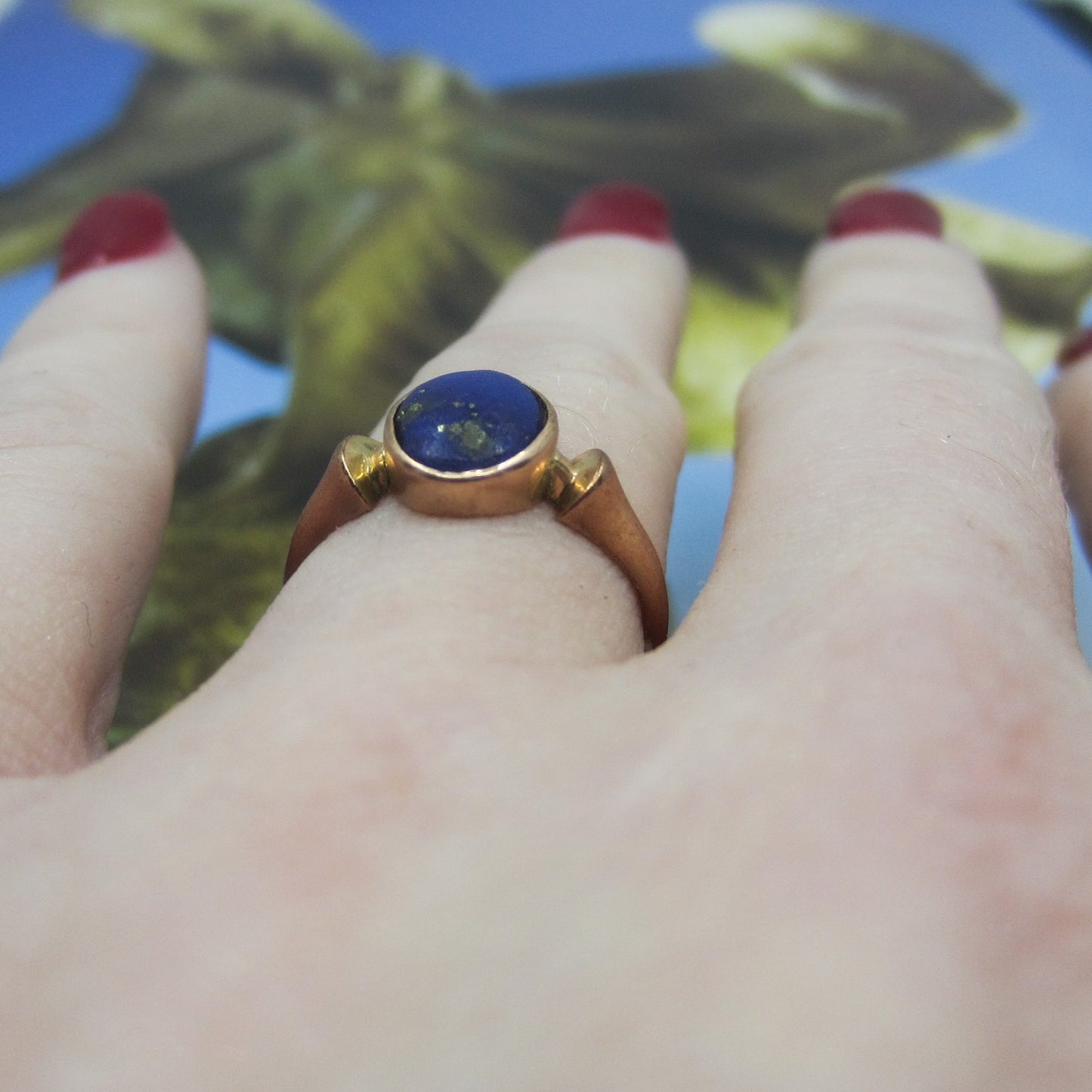 SOLD--Victorian Bezel Set Lapis Ring 9ct, British c. 1894