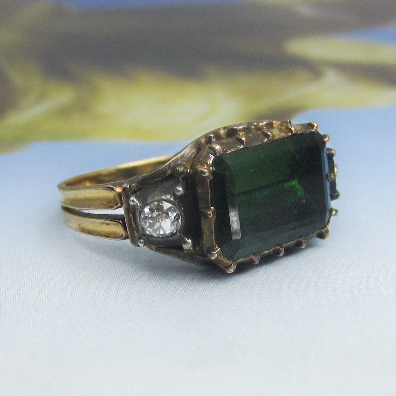 SOLD--Mid-Century Georgian Revival Tourmaline and Diamond Ring 18k c. 1940