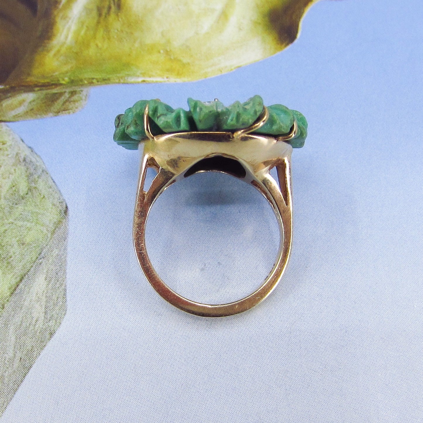 SOLD - Mid-Century Diamond and Carved Aventurine Ring 14k c. 1960