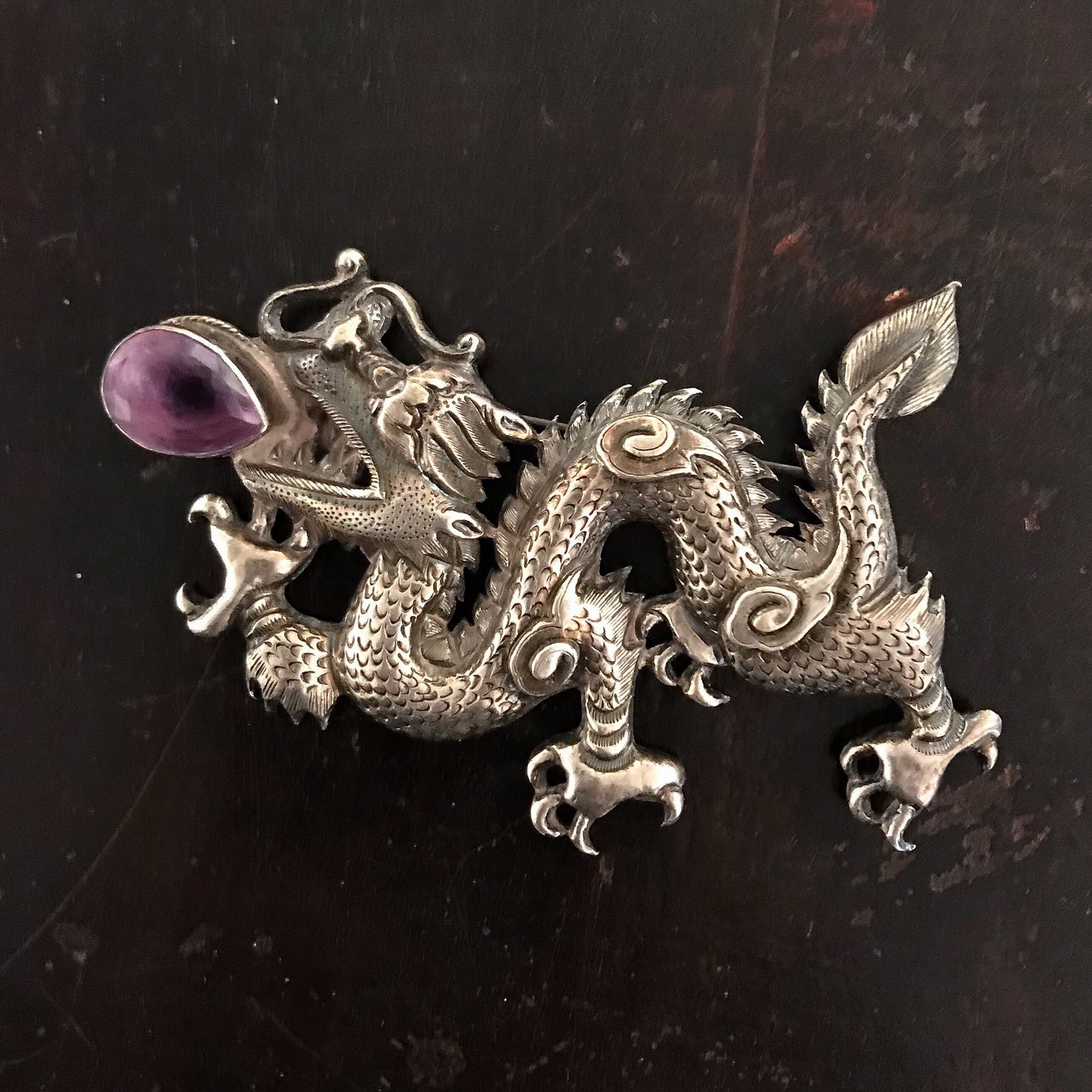 Vintage Nepalese Dragon with Amethyst Brooch Sterling c. 1960