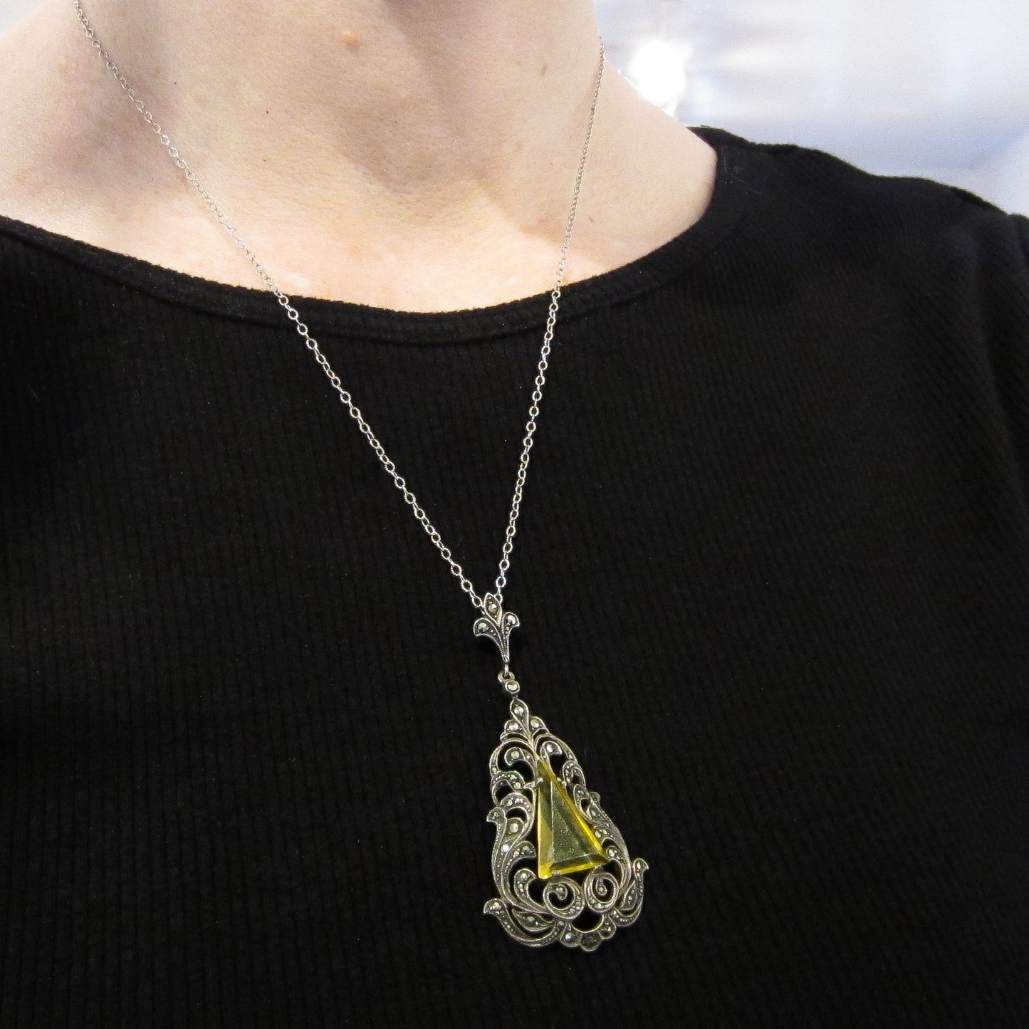 SOLD--Art Deco Marcasite and Yellow Glass Pendant Sterling Silver c. 1930