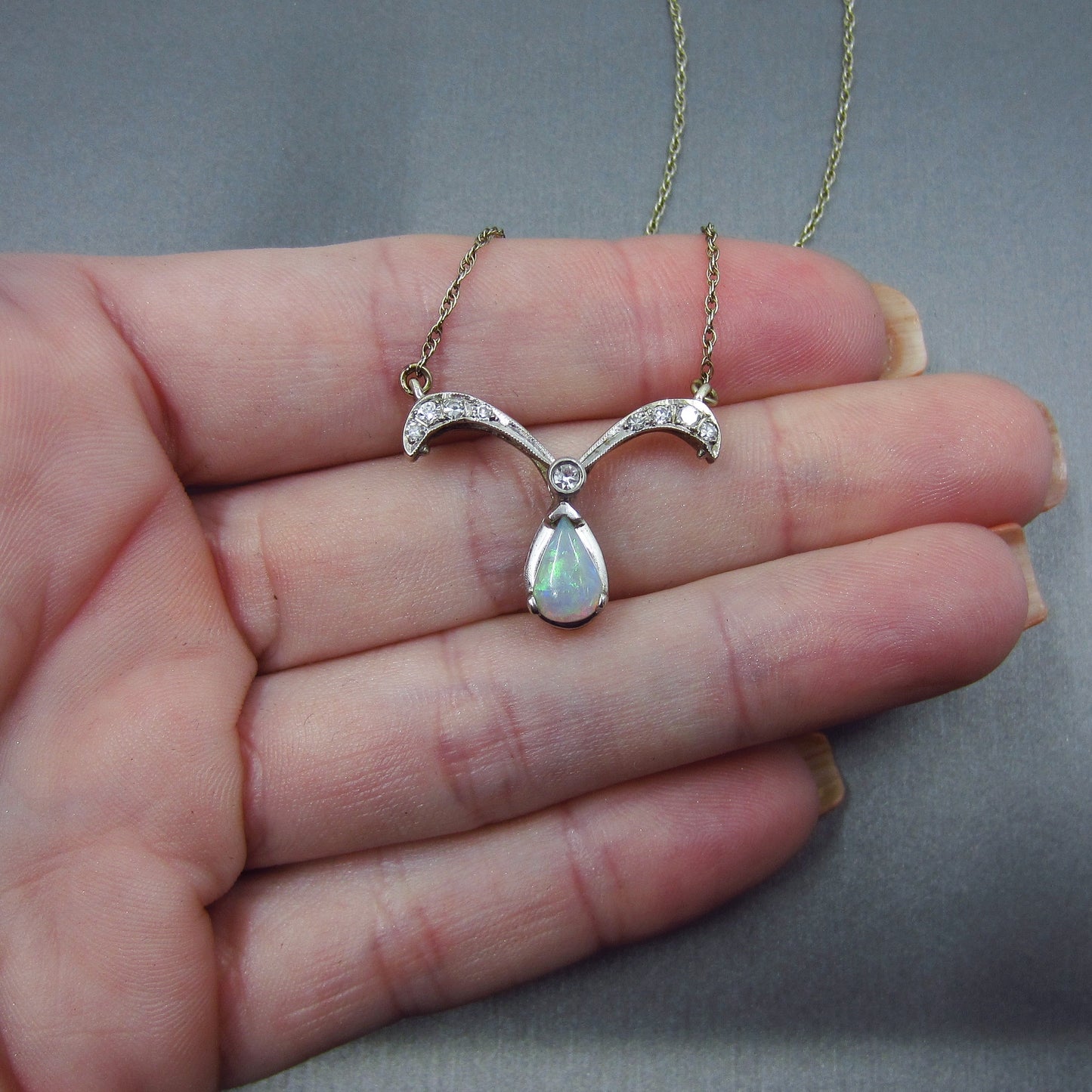 SOLD--MidCentury Opal and Diamond Convertible Necklace 14k c. 1950