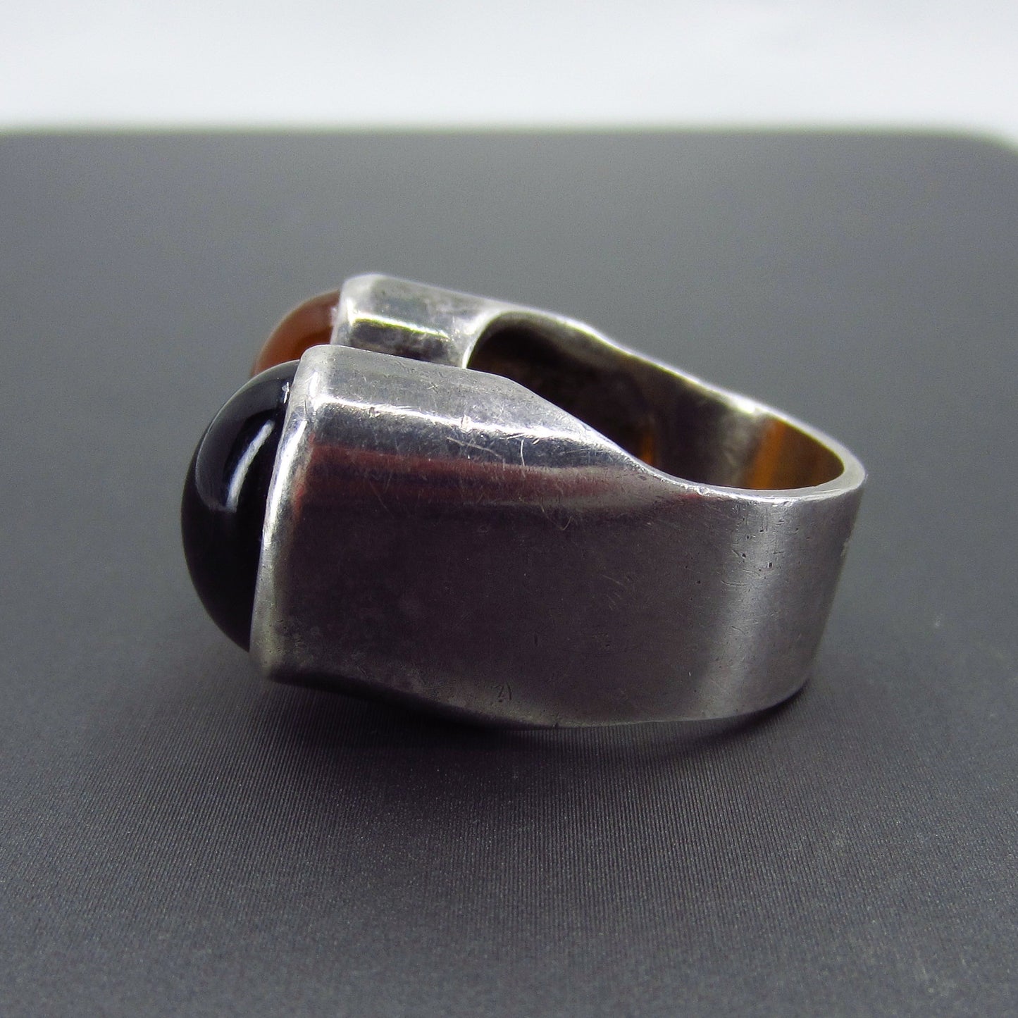 SOLD--Modernist Carnelian and Onyx Cabochon Ring Sterling c. 1970