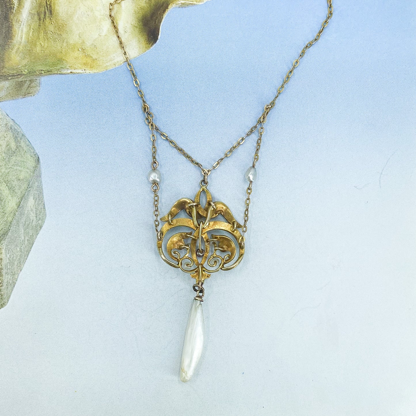 SOLD--Art Nouveau Enamel and Pearl Necklace 14k c. 1900