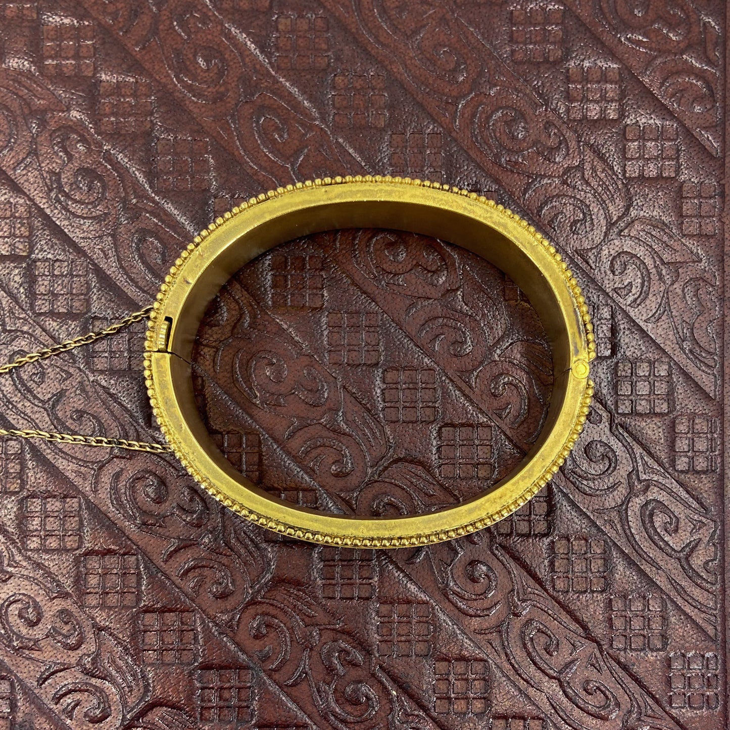 SOLD- Victorian  Etruscan Revival Hinged Bangle Gold-fill c. 1880