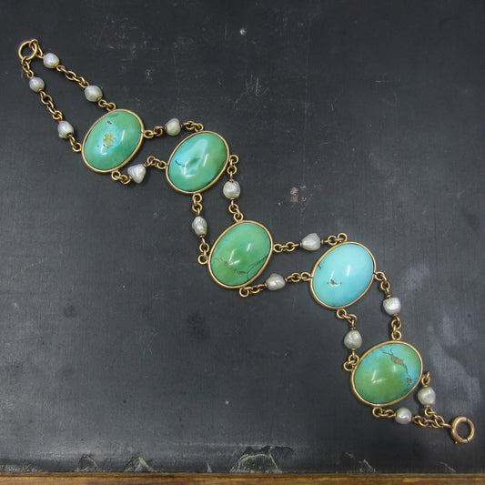 Edwardian Turquoise and Pearl Bracelet 14k c. 1910