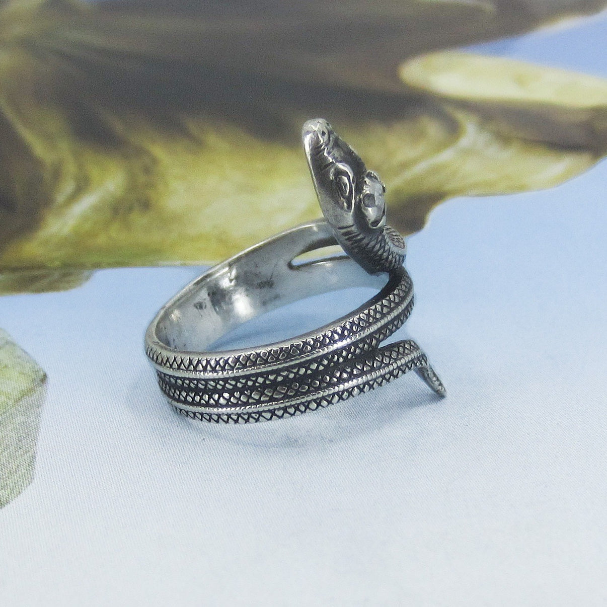 SOLD-Vintage Rose Cut Diamond Snake Ring Sterling, size 6.75 Russian c ...