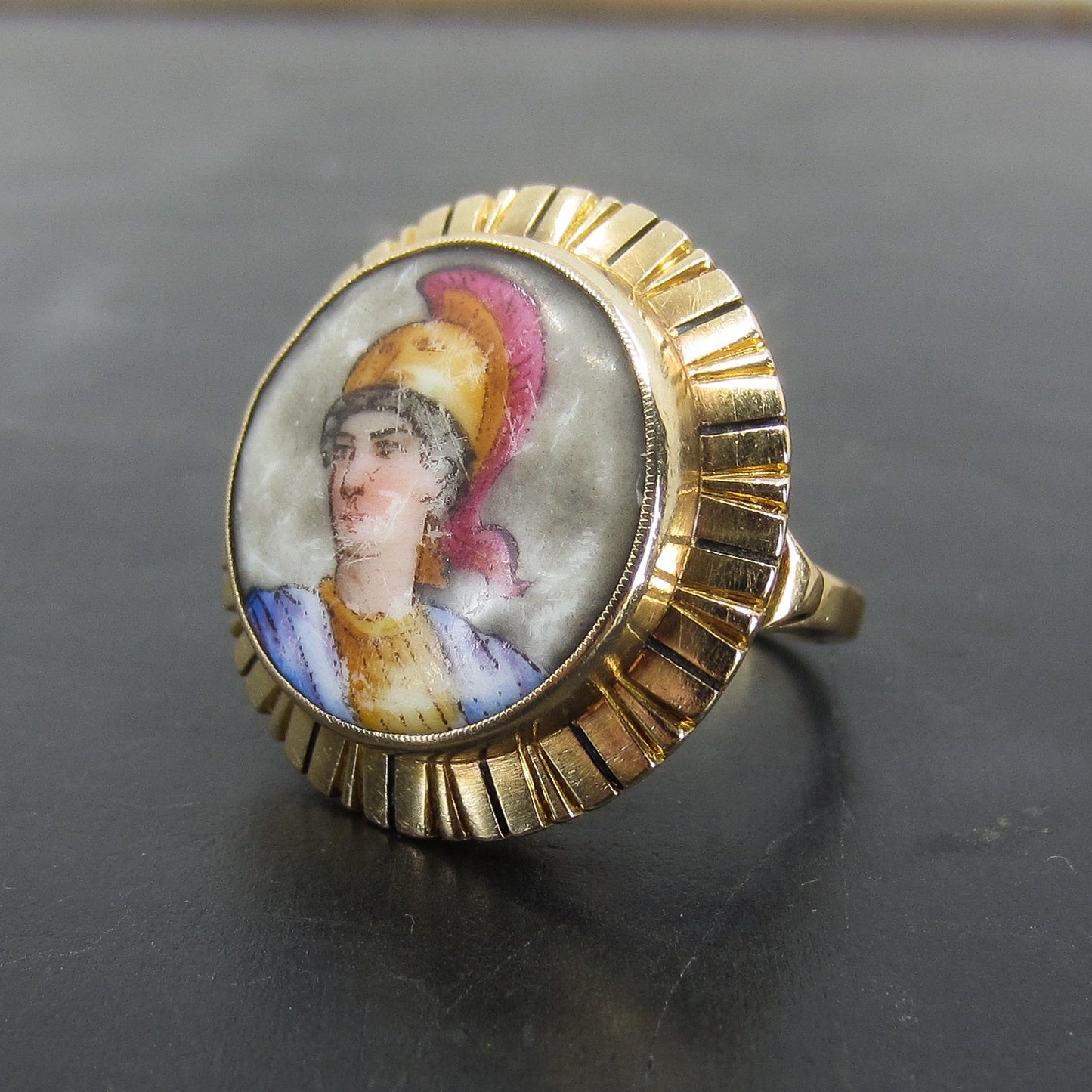 Mid-Century Hand Painted Porcelain and Enamel Warrior Ring 14k c. 1940
