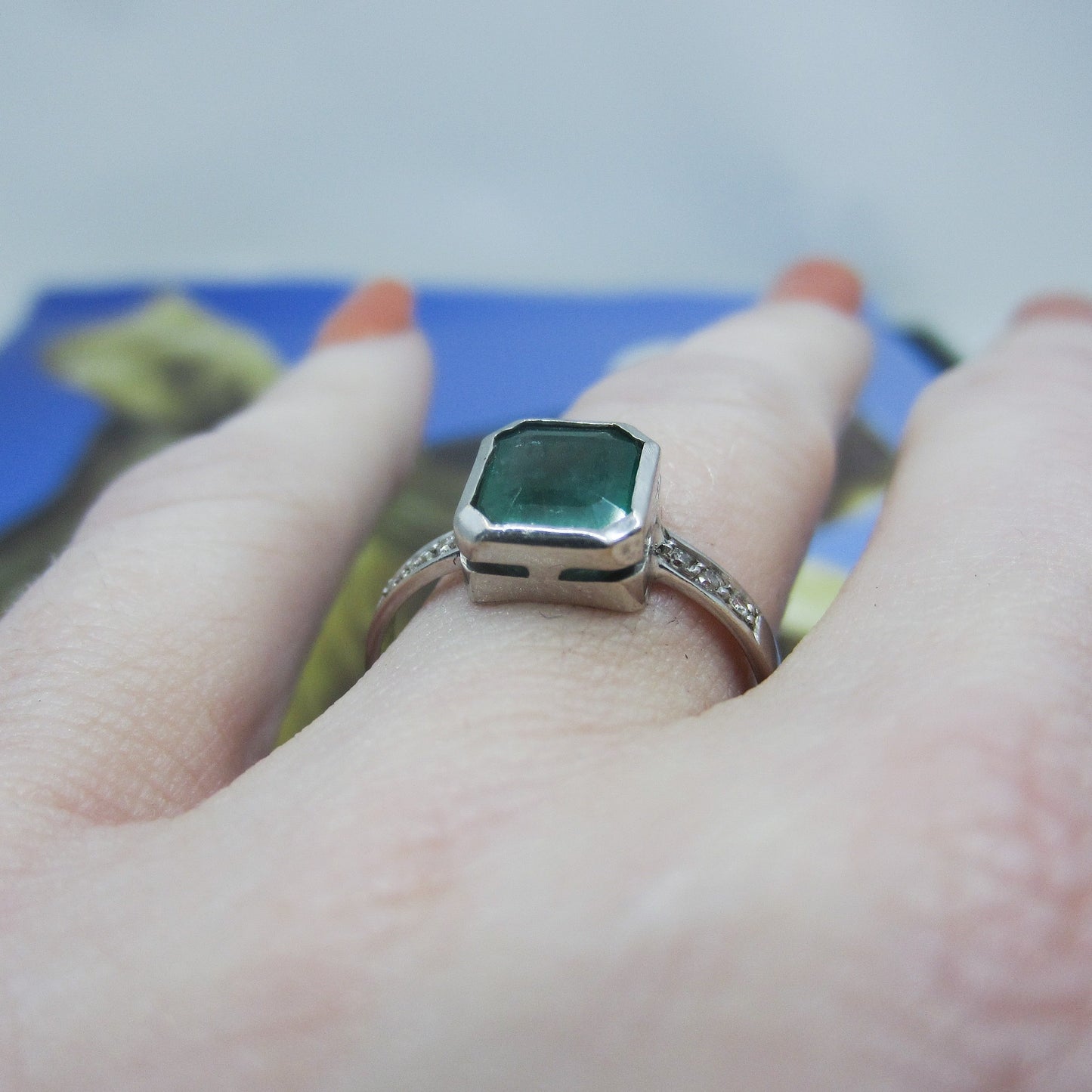 SOLD-Vintage Bezel Set Emerald and Diamond Ring 18k c. 1990